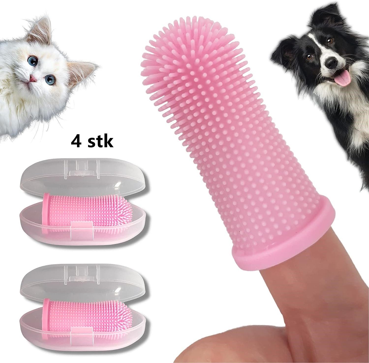 XDeer Tier-Fingerzahnbürste Fingerzahnbürste,4 stk Zahnbürste 360º Pets Reinigung Zahnbürste, mit umlaufenden Borsten,Silikon,Zahnpflege,Aufbewahrungsbox