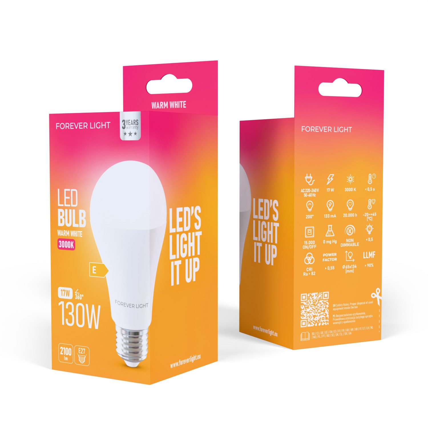 Forever Light LED-Leuchtmittel Lampe E27 A65 17 W 2100 lm Warmweiß 3000 K Energieklasse E, 1 St., Warmweiß, Sehr hohe Helligkeit für große Räume