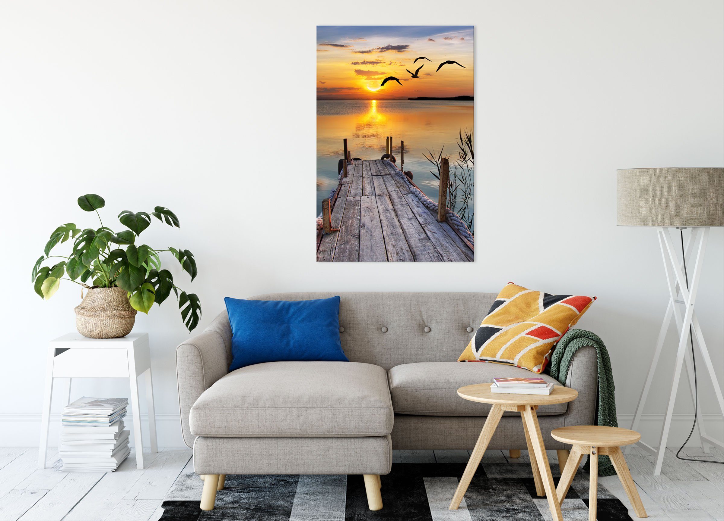 Pixxprint Leinwandbild Leinwandbild Zackenaufhänger Sonnenuntergang bei Steg bespannt, inkl. Steg bei St), fertig Sonnenuntergang, (1