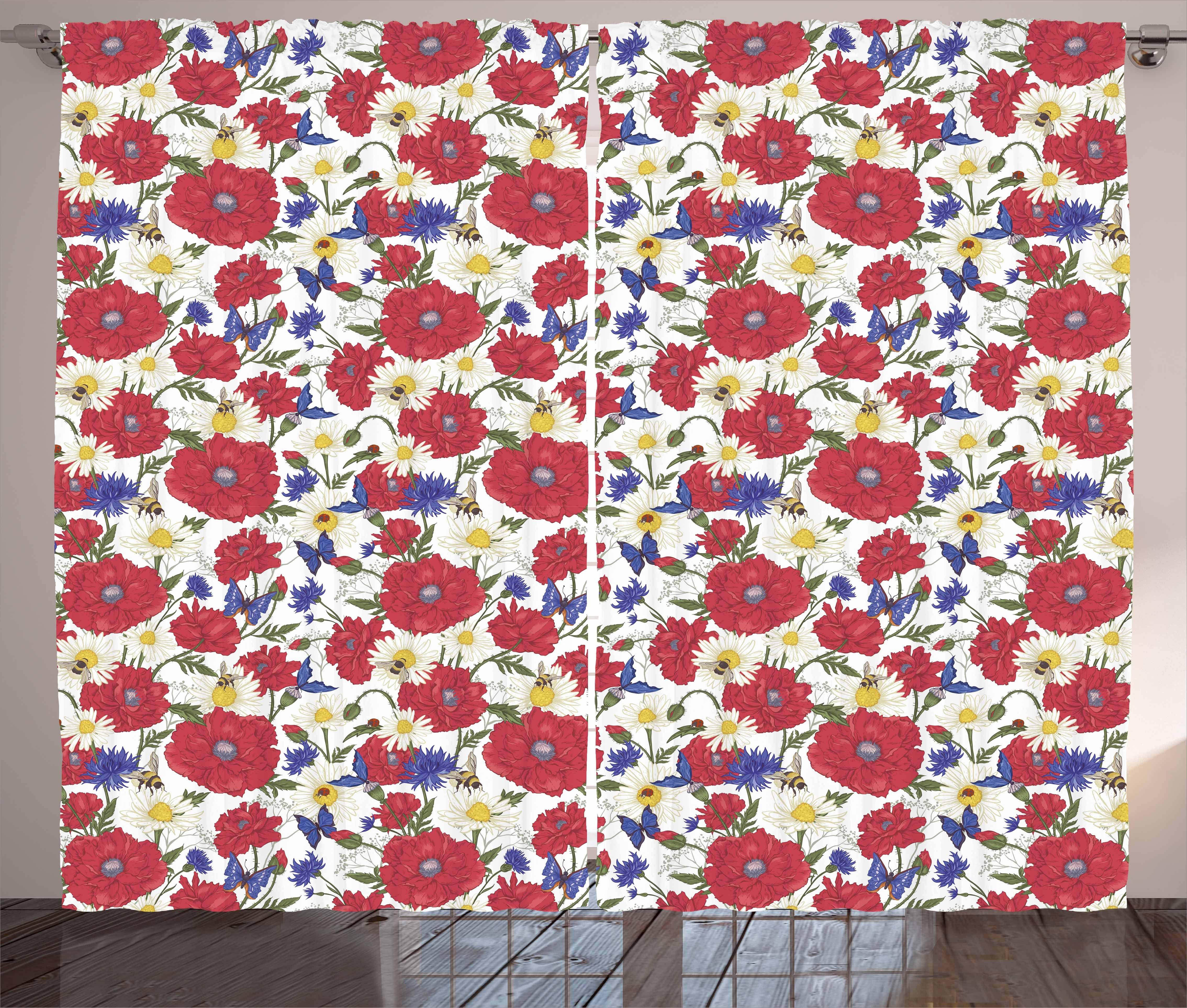 Gardine Schlafzimmer Kräuselband Vorhang mit Schlaufen und Haken, Abakuhaus, Blumen Blooming Rote Mohnblumen