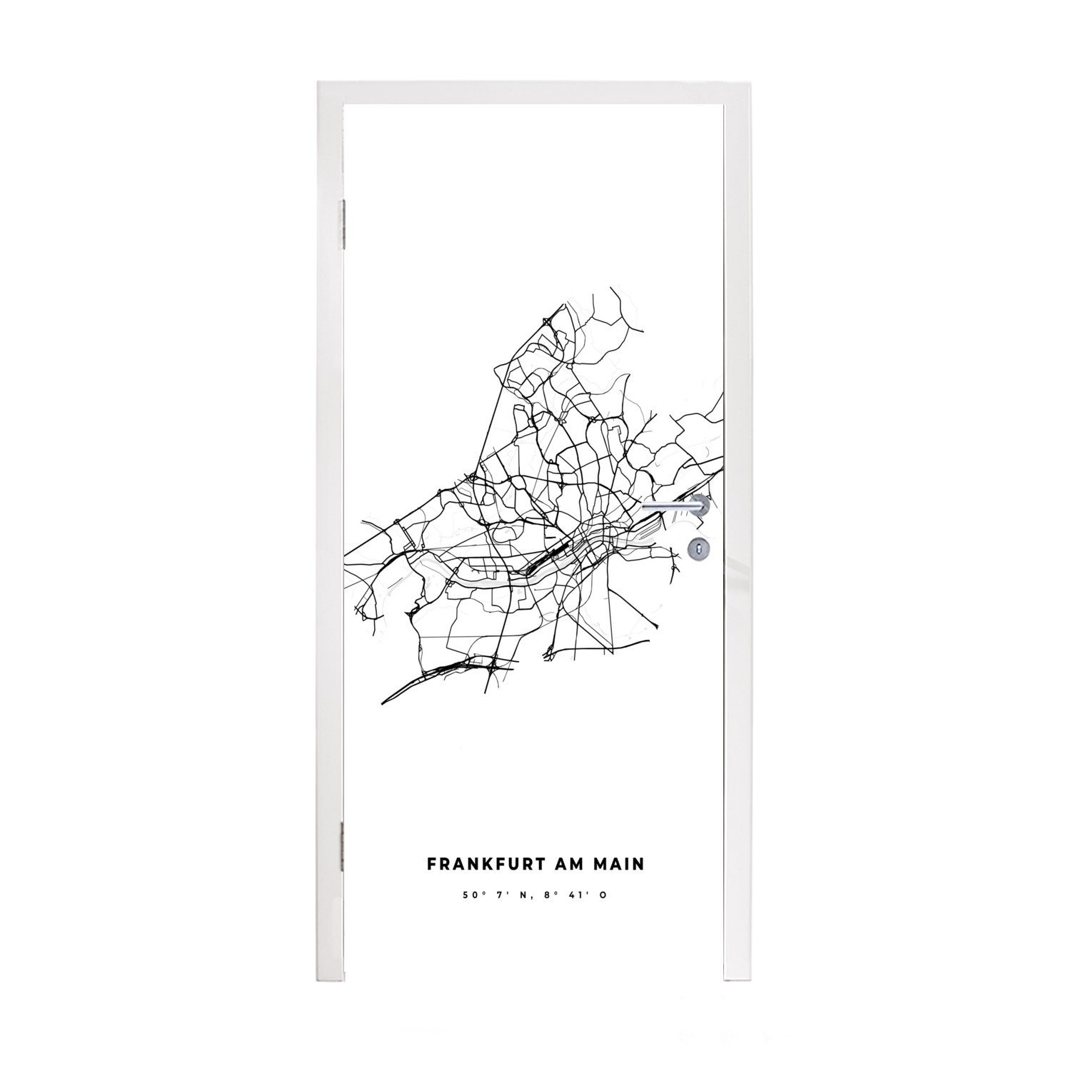 MuchoWow Türtapete Deutschland - Frankfurt am Main - Stadtplan - Karte - Schwarz-weiß -, Matt, bedruckt, (1 St), Fototapete für Tür, Türaufkleber, 75x205 cm