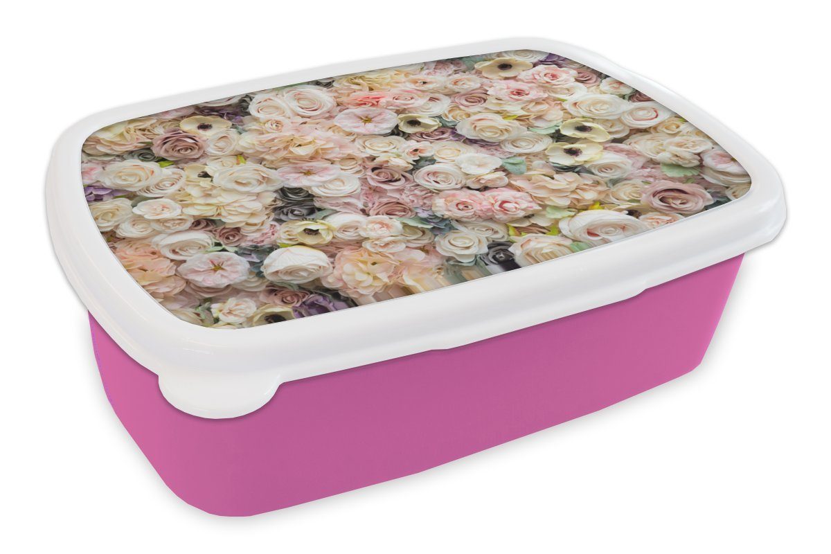 für Rosen Brotdose Erwachsene, Mädchen, Kunststoff, Kinder, Snackbox, MuchoWow Blumen rosa - Lunchbox (2-tlg), - Pastell, Brotbox Kunststoff
