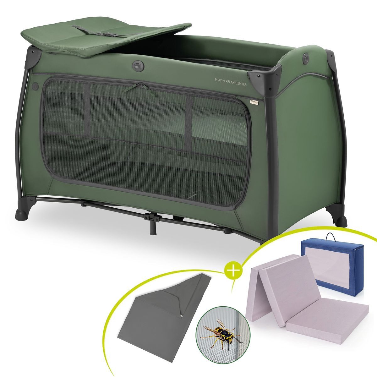 Hauck Baby-Reisebett Play N Relax Center - Dark Green, Kinderreisebett mit Matratze, Spannbettlaken, Wickelauflage, Einhang