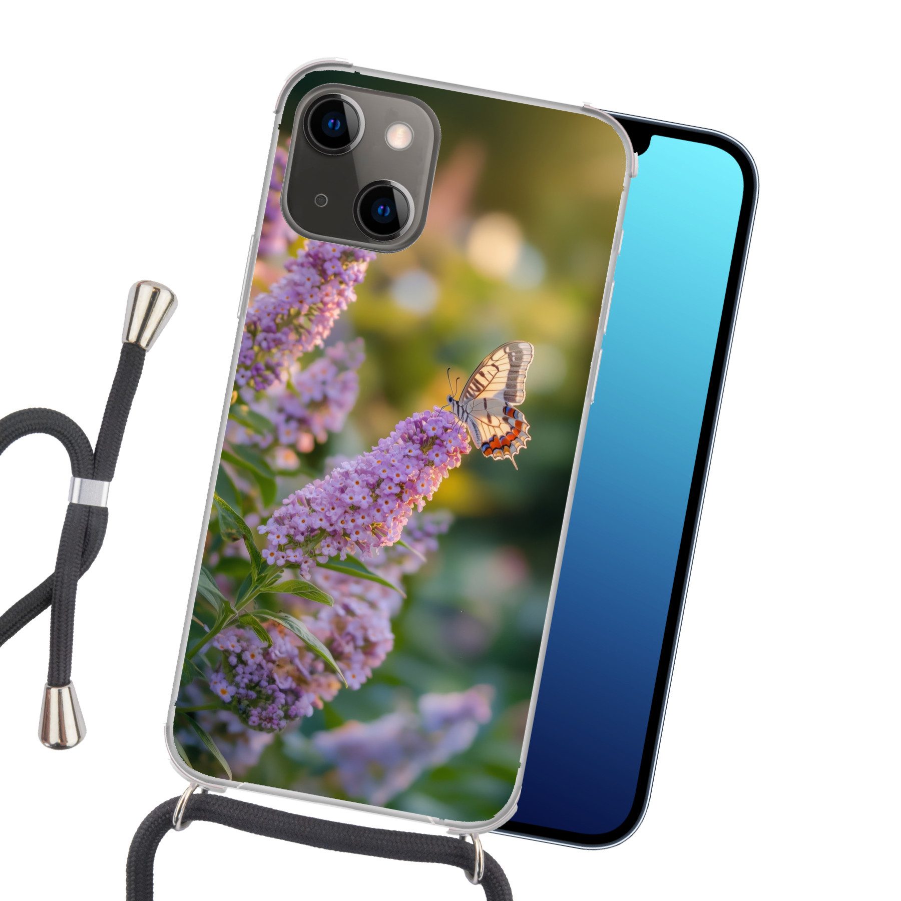 MuchoWow Handyhülle für Apple iPhone 13 Verschnörkelt - Schmetterling - Lila - Blumen, Tragbare Handyhüllen mit Kette zum umhängen, Handykette Handyband