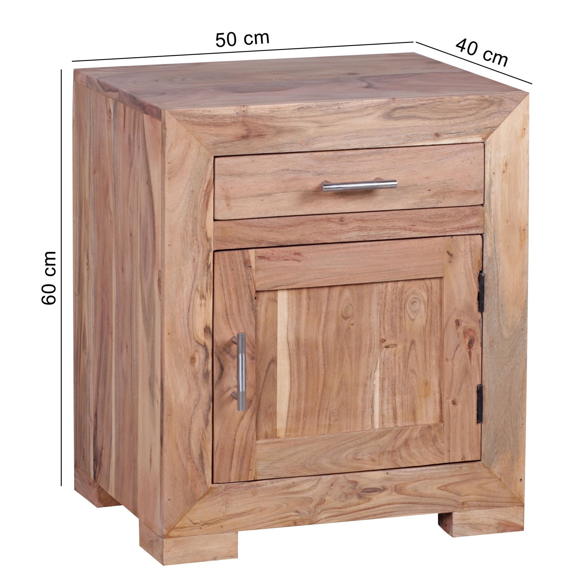 FINEBUY Nachtschrank SuVa3537_1 Nachtkästchen Akazie Massivholz Nachttisch Boxspringbett (Nachttisch Boxspringbett, Nachtkästchen Stauraum) Akazie Massivholz 60 cm mit Schublade und Tür