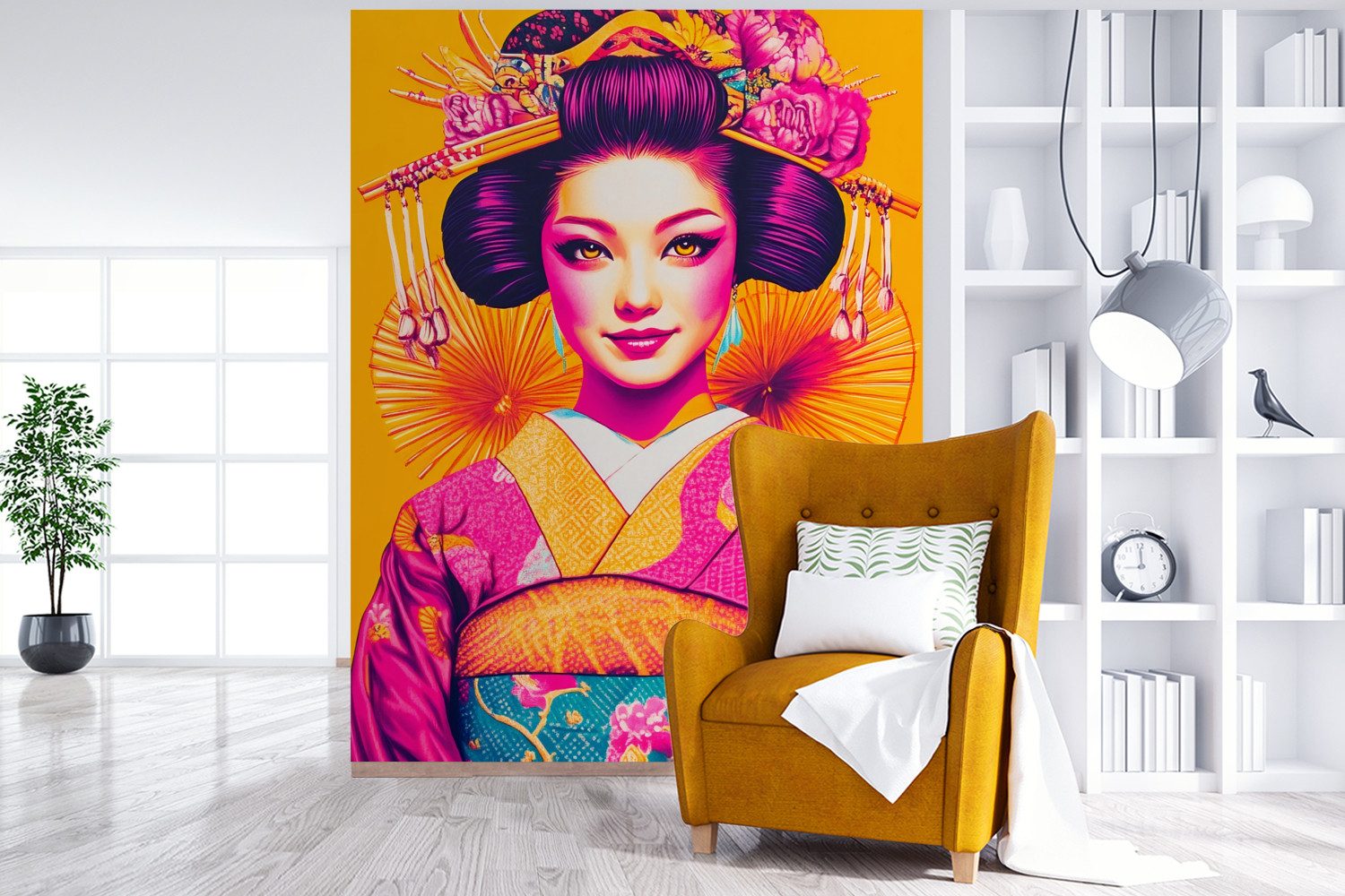 MuchoWow Fototapete Blumen - Frau - Kimono - Rosa, Matt, bedruckt, Wallpaper für Wohnzimmer, Schlafzimmer, Vinyl Tapete, 195x260 cm
