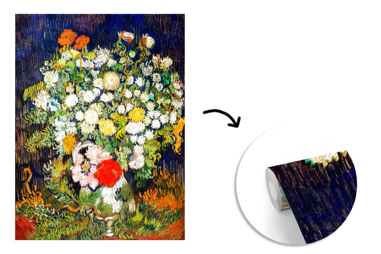 Wohnzimmer Fototapete MuchoWow St), Vliestapete (3 - Fototapete Küche, Blumenstrauß Matt, Schlafzimmer einer van bedruckt, für Gogh, in Vase Vincent