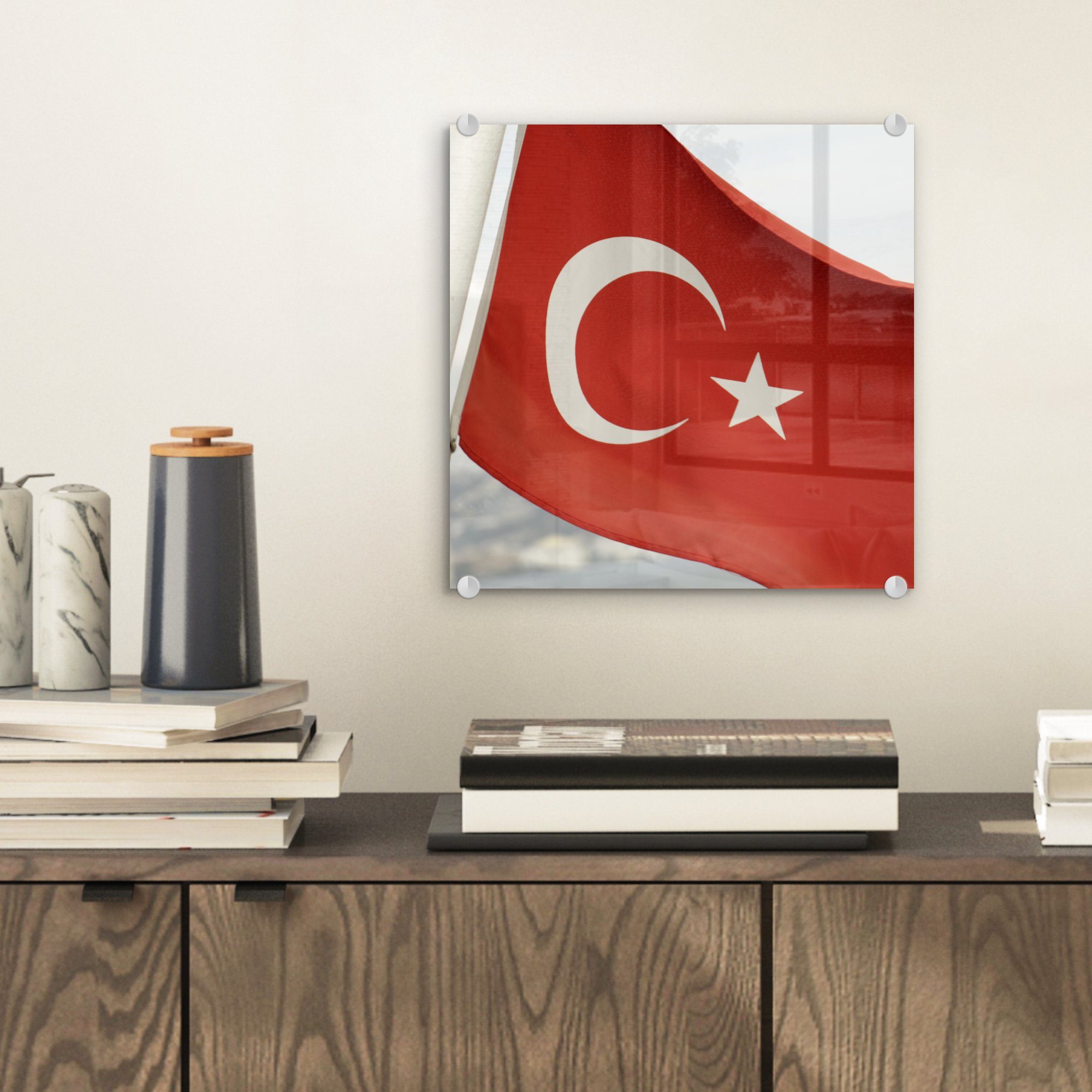 MuchoWow Acrylglasbild Die Flagge auf Wandbild (1 - Bilder Glasbilder der auf im St), Wanddekoration weht Foto - Glas Wind, Türkei - Glas
