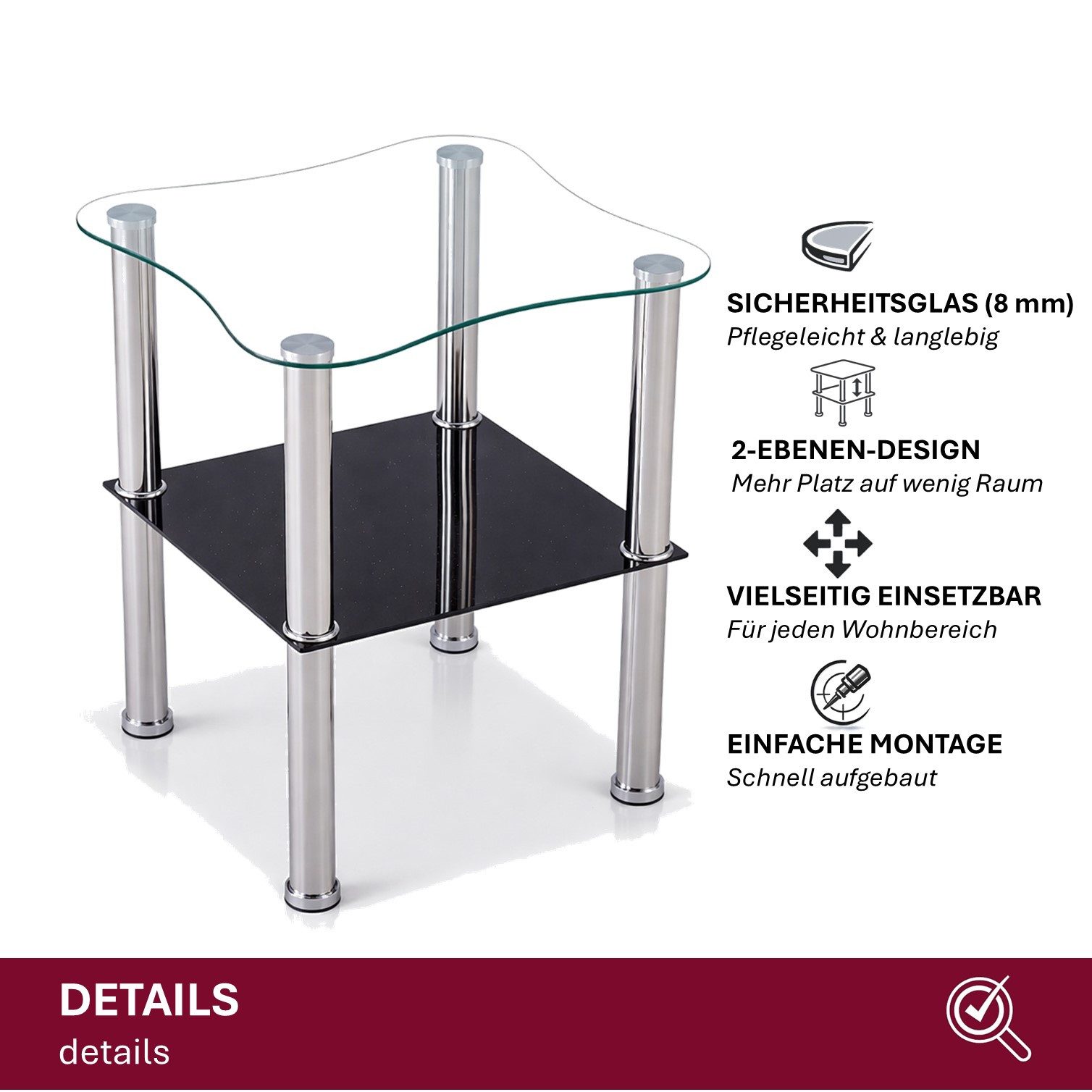 HOOZ Beistelltisch Beistelltisch 40x40cm, schwarze Ablage - gerundet (Set, 1-St., 1 x Beistelltisch), schwarze abgerundete Ablage