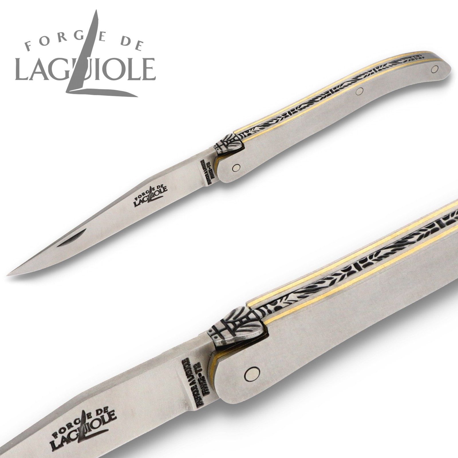 Forge de Laguiole Taschenmesser 109 SAT, "Ghion" - Griff 10cm Stahl - Verzierte Feder - Klinge Stahl satiniert