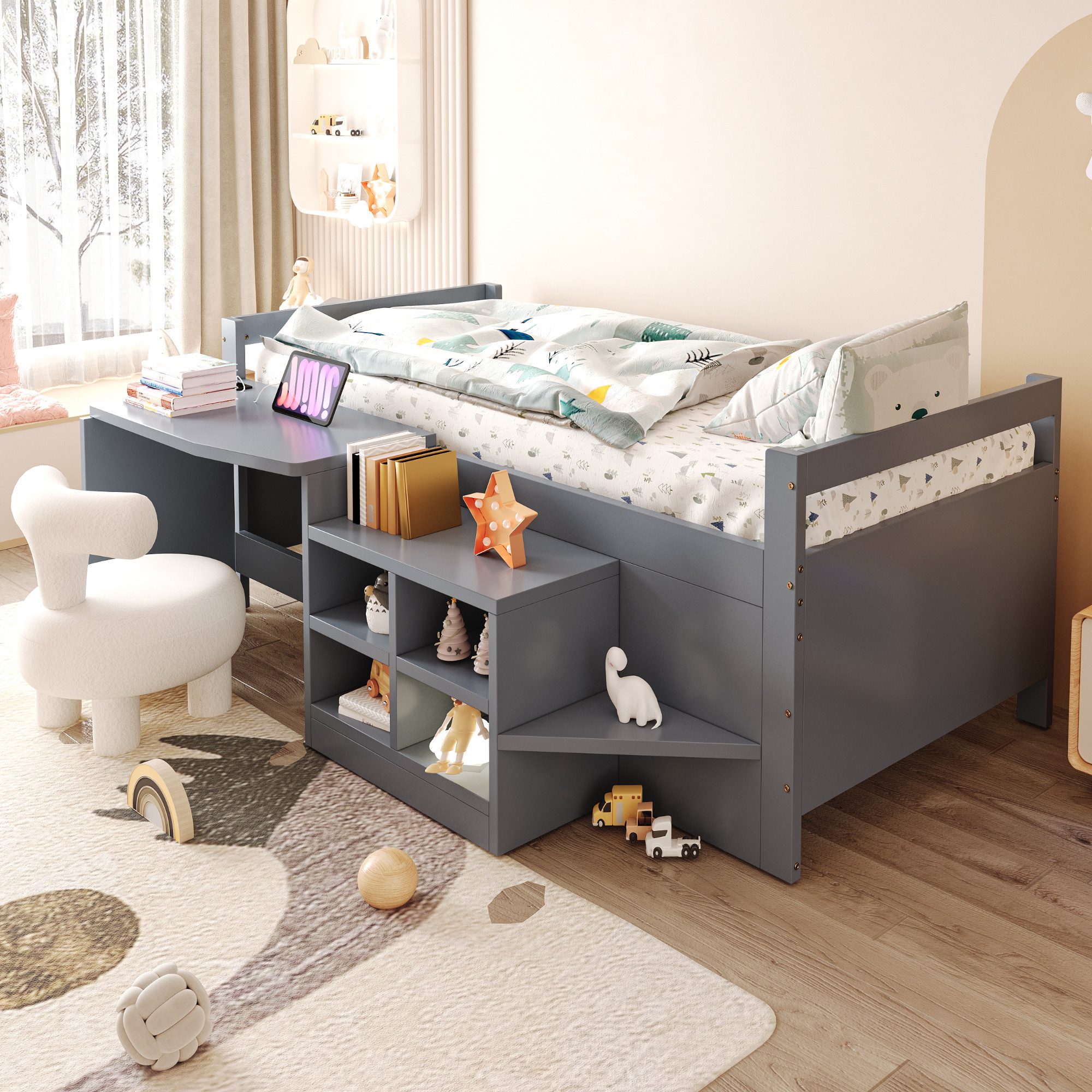 Flieks Kinderbett, Halbhochbett 90x200cm mit Schreibtisch, Schrank und Aufladenfunktion