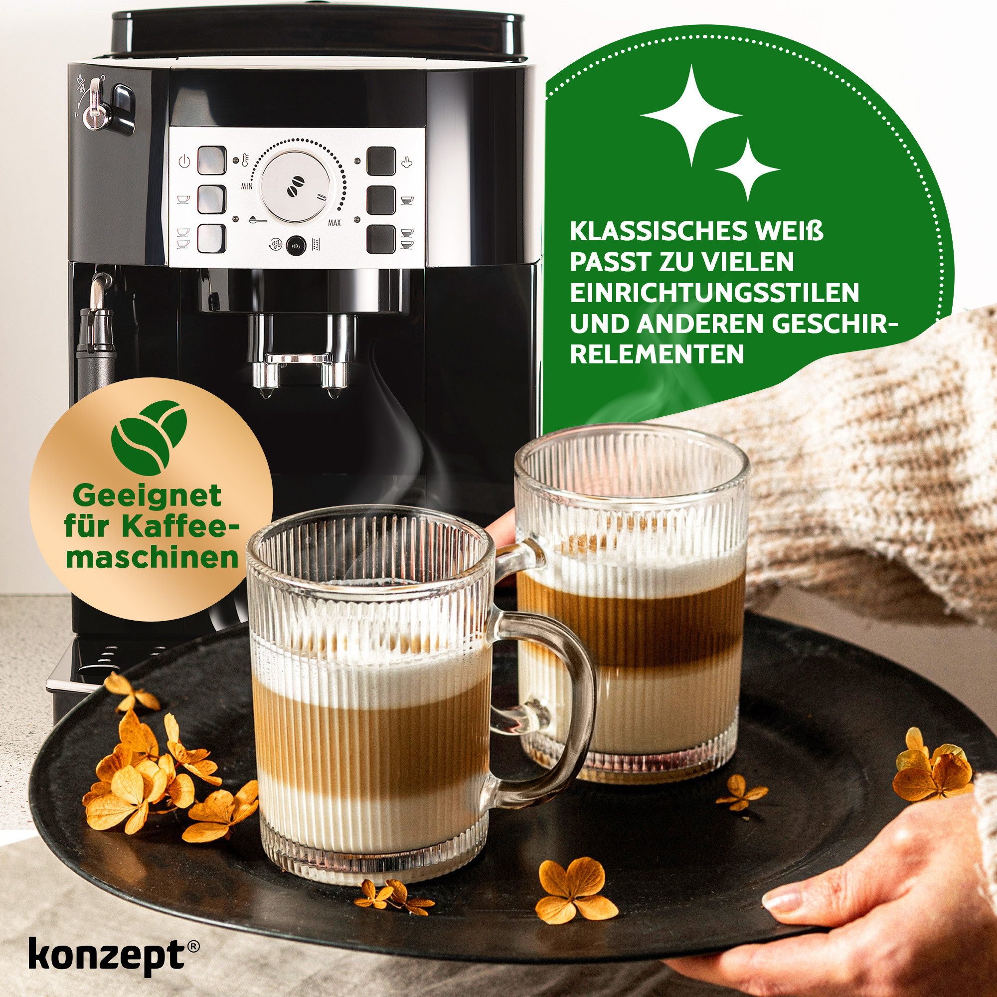 KONZEPT Gläser-Set Kaffeegläser Geriffelt 350ml Set 2/4/6 Stk. mit Henkel Transparent, 6-tlg., 350 ml, geriffelte, ideal als Kaffeegläser – Bild 3 von 5