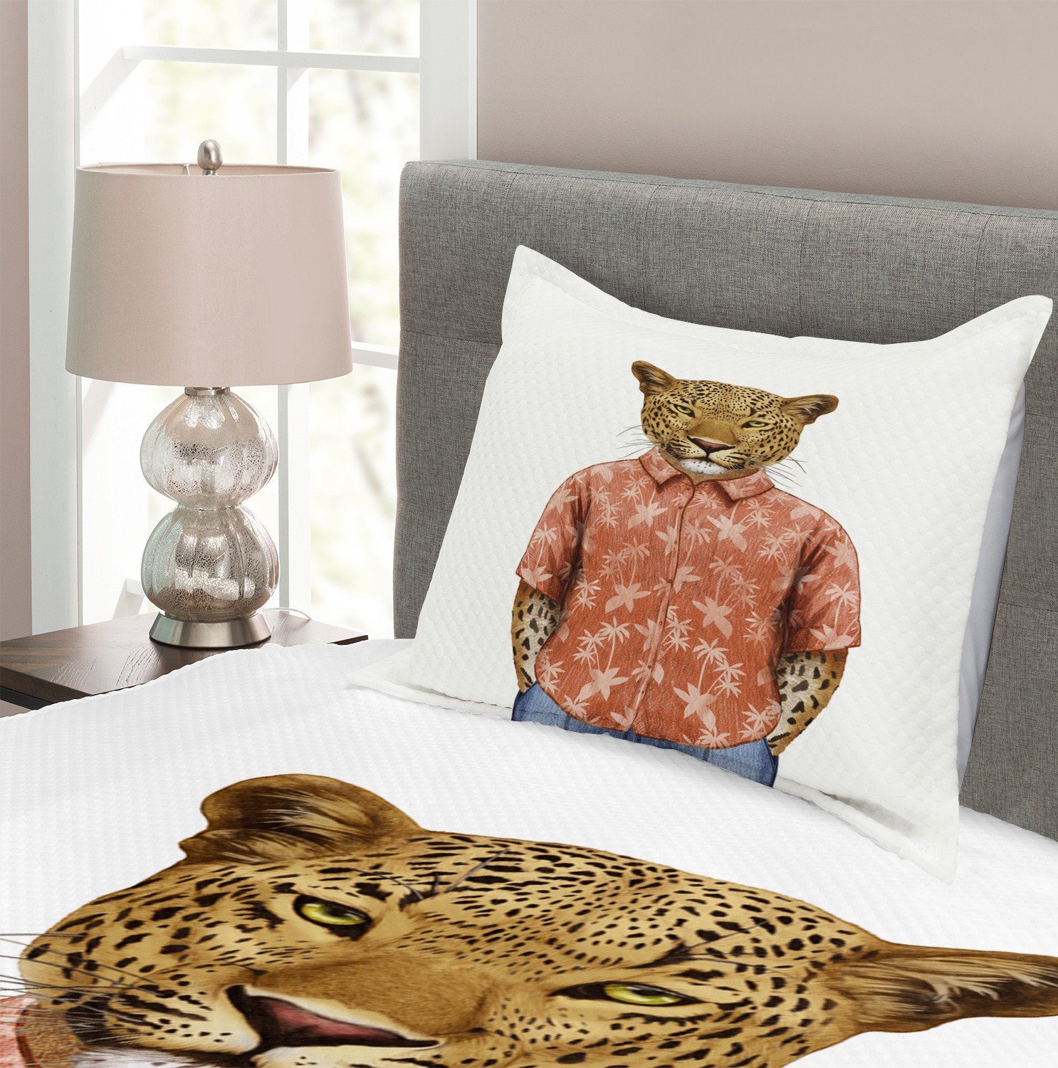 Tagesdecke Set mit Kissenbezügen Sommer-Hemd Leopard in Waschbar, Abakuhaus, Tier einem
