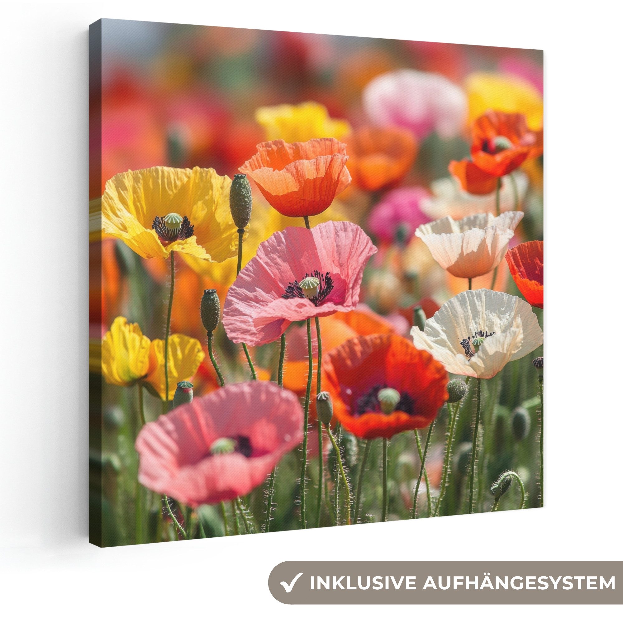 OneMillionCanvasses® Leinwandbild Blumenfeld - Mohnblumen - Farbenfroh, Fotodruck (1 St), Wandbild, Deko Schlafzimmer Wohnzimmer Flur 20x20 cm