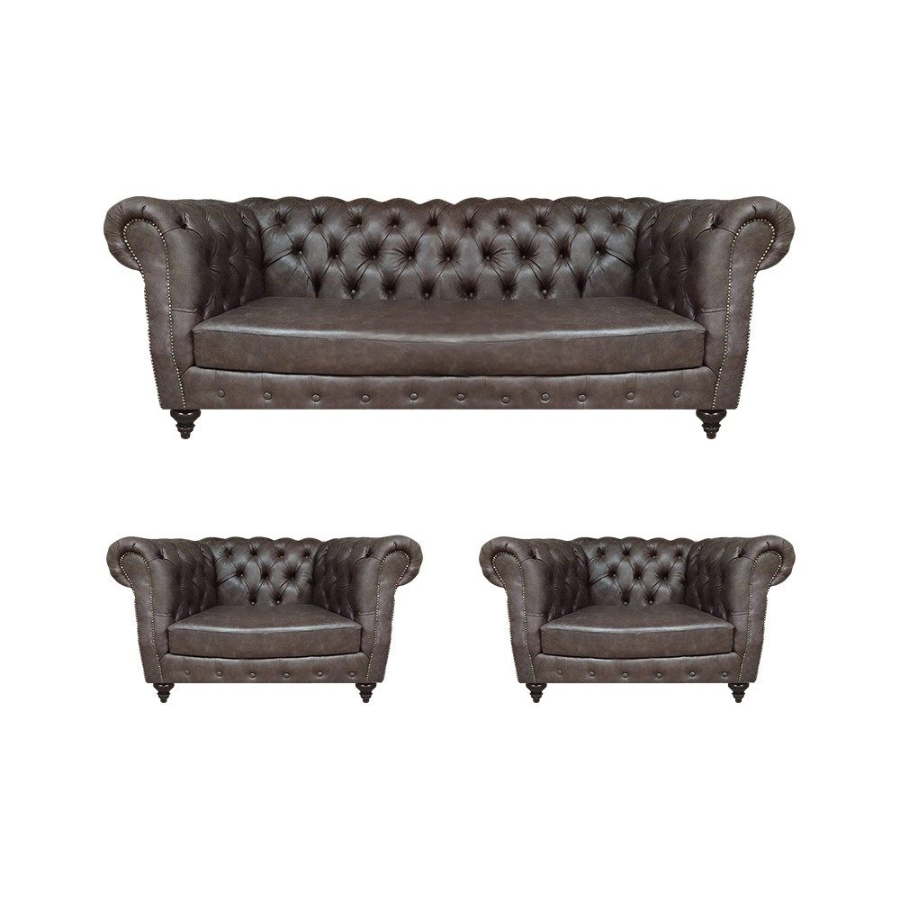 JVmoebel Chesterfield-Sofa Elegantes Chesterfield-Wohnzimmermöbel in Grau mit Sessel, 3 Teile, Made in Europa