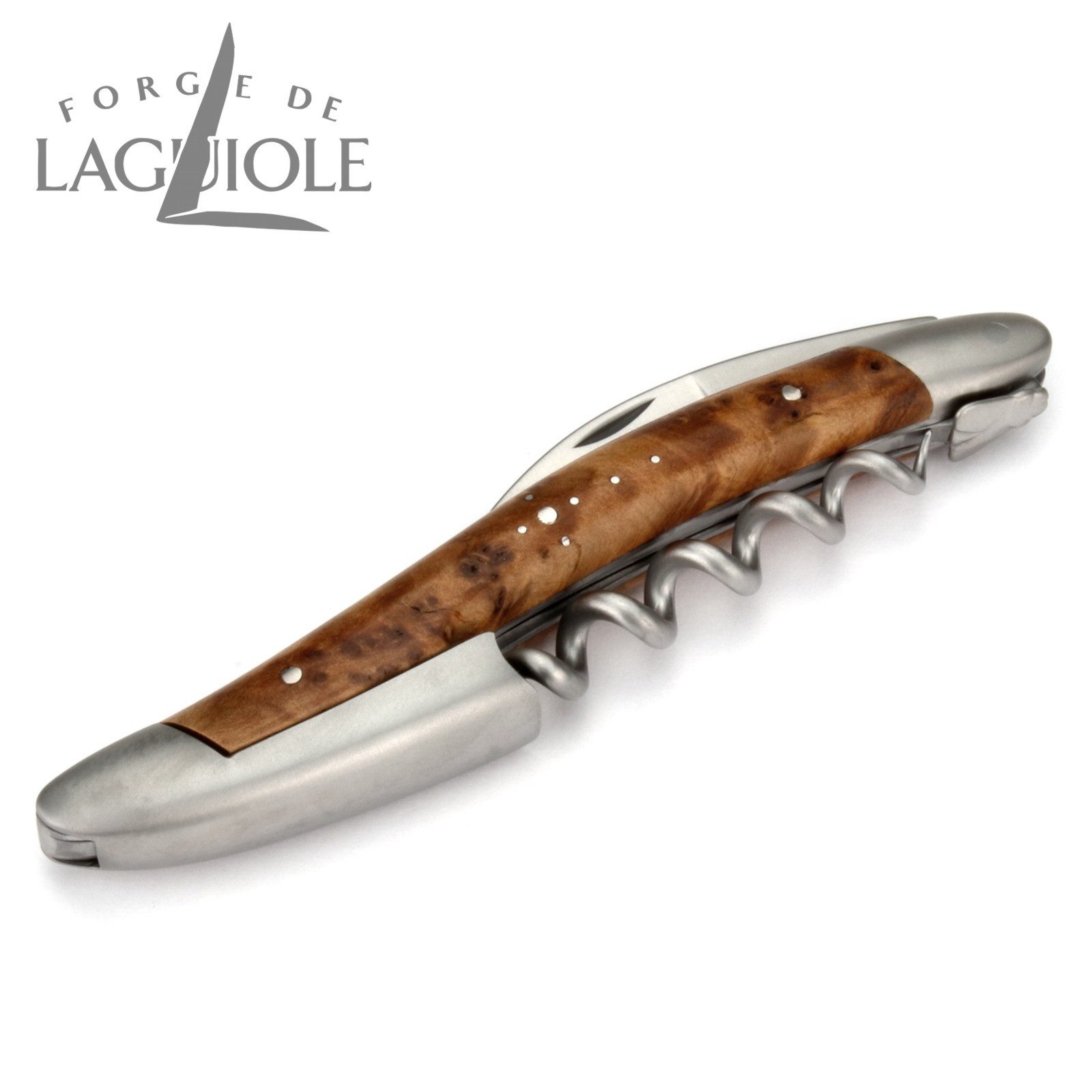 Forge de Laguiole Weinflaschenöffner SOM1 TH SAT, Laguiole Kellnermesser - Griff Thuja Maserholz - Edelstahl satiniert