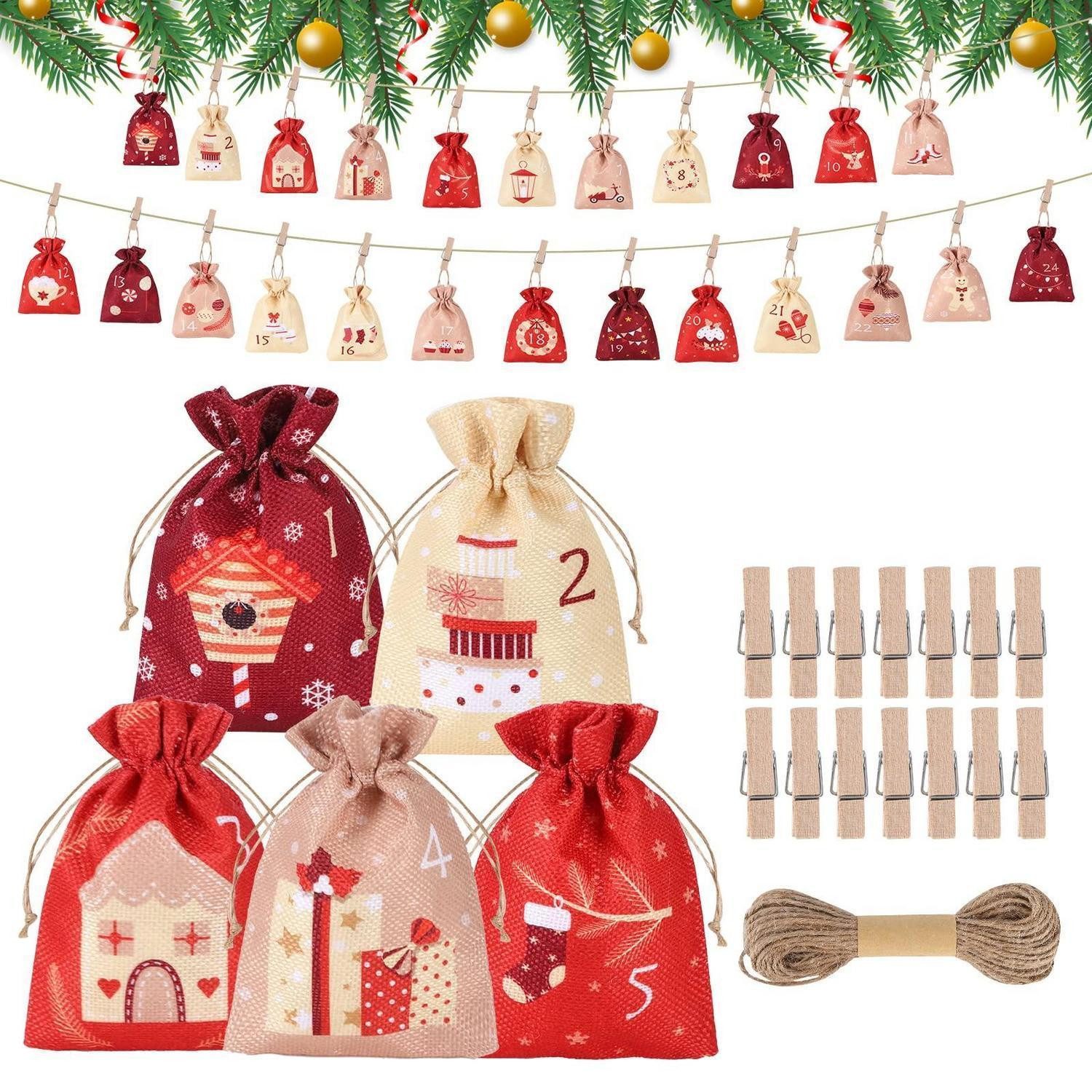 LuxusKollektion befüllbarer Adventskalender Adventskalender 24 Säckchen mit Holzklammern & Hanfseil 2026