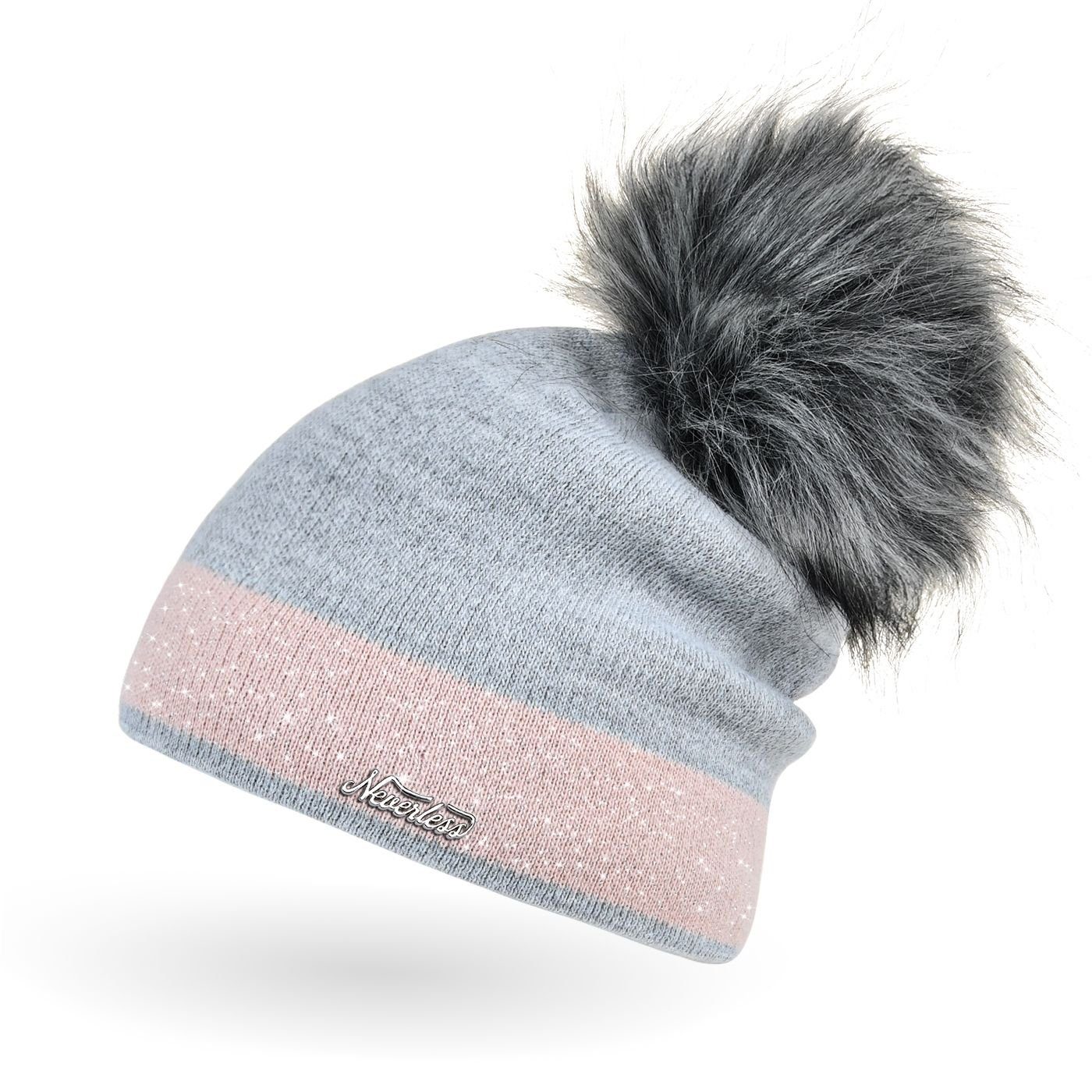 Bommelmütze Damen Strick-Mütze gefüttert Fell-Bommel Kunstfell Winter-Mütze