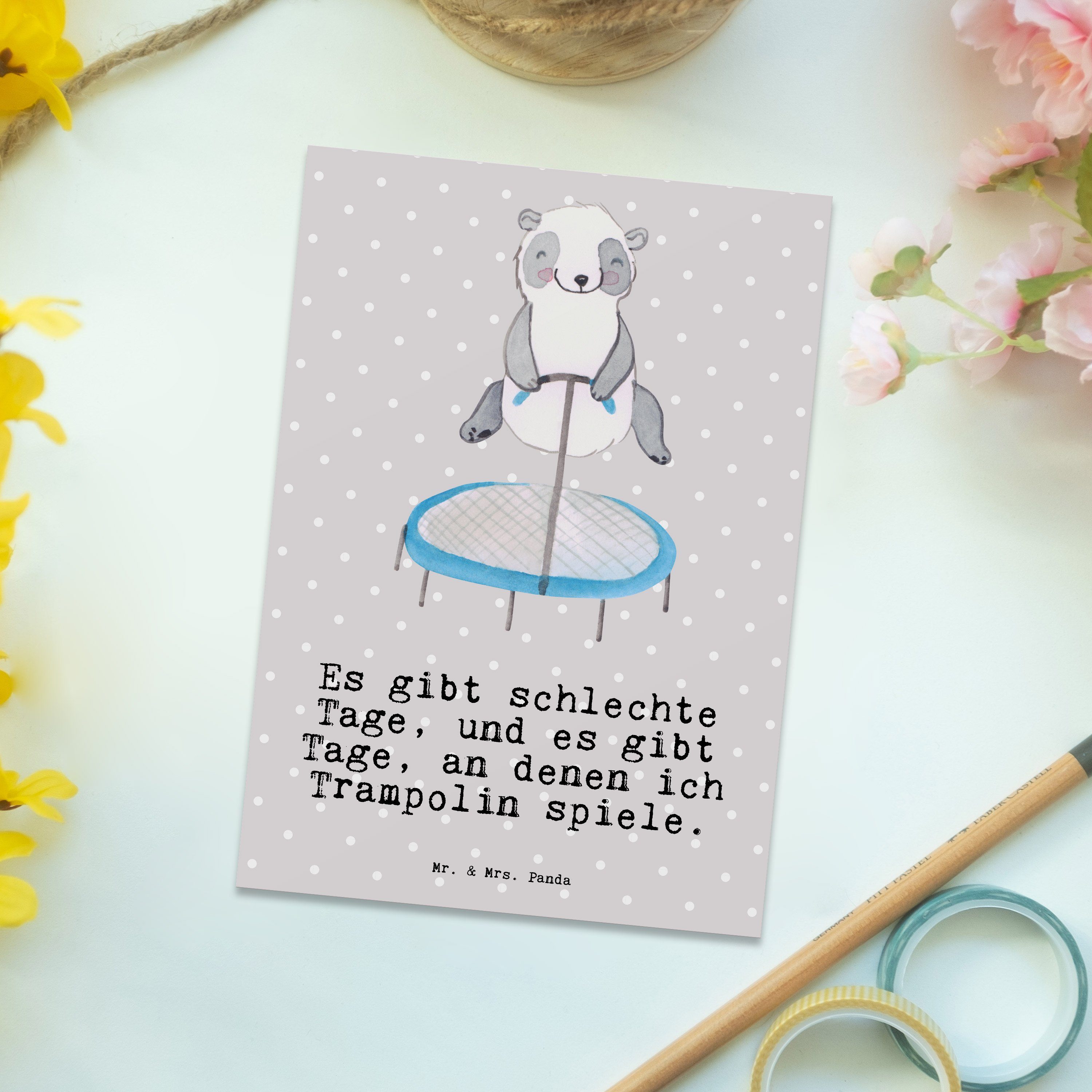 Mrs. springen Tage Mr. Postkarte Trampolin Dankeschön Panda Geschenk, - Panda - & Pastell Grau