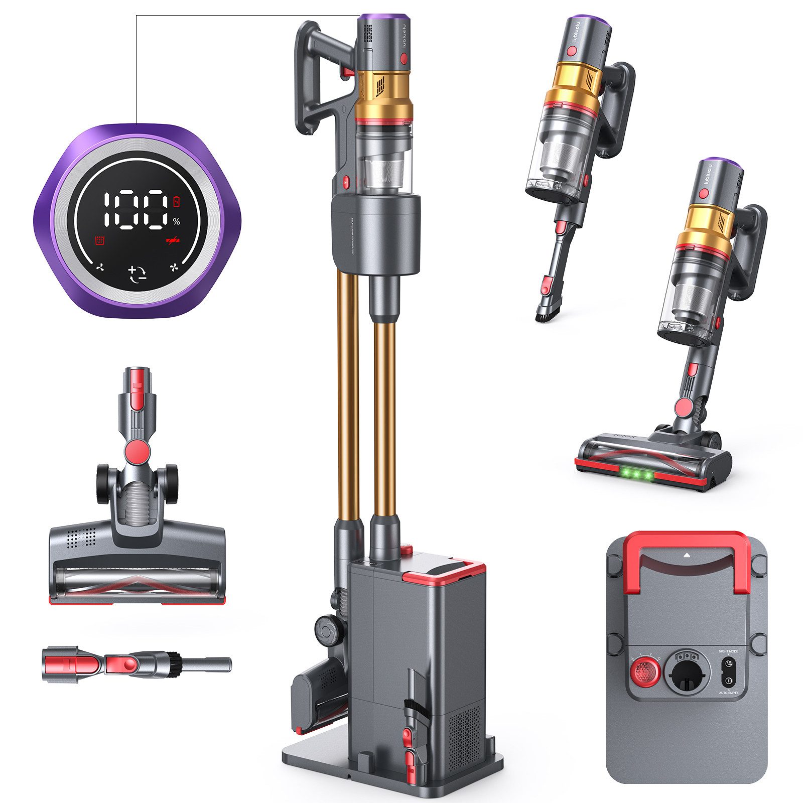 lubluelu Akku-Hand-und Stielstaubsauger X1000 Kabelloser Akku Staubsauger mit 2,5L Absaugstation 27kPA, 400 W, mit Beutel, Anti-Tangle-Bodenbürste / mit Auto Empty Funktion und Duftbox