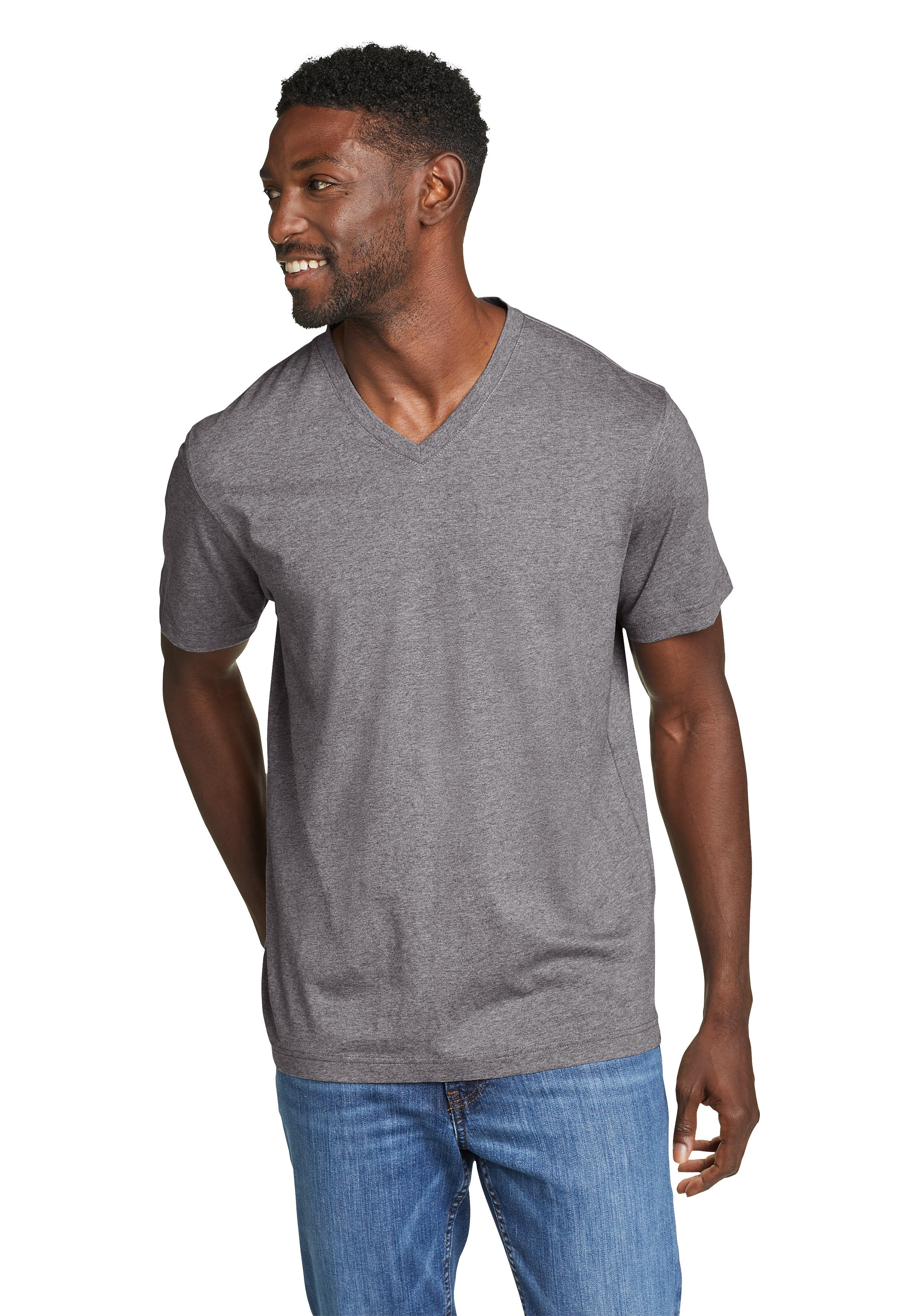 Eddie Bauer T-Shirt Legend Wash Pro Shirt 100% Baumwolle - V-Ausschnitt Meliertes Grau