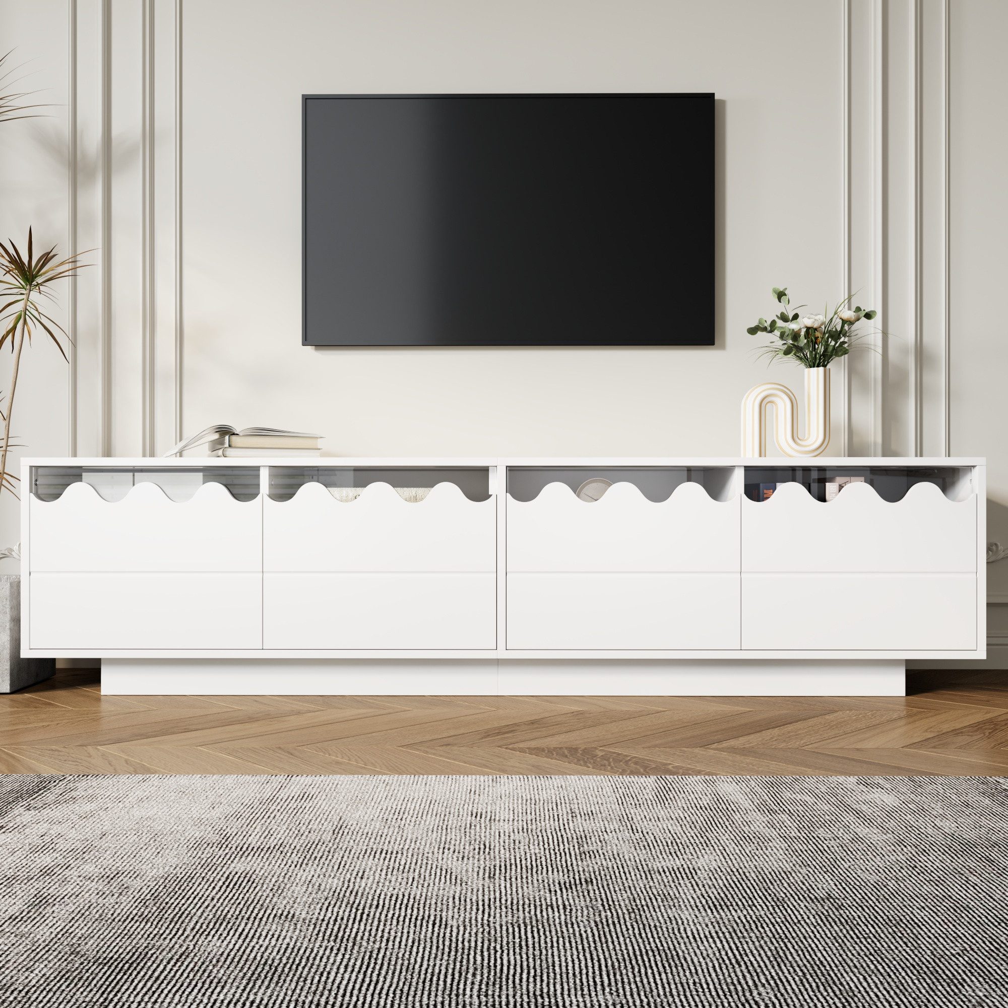 Ulife TV-Schrank Modernes TV-Board 170×45×40 cm mit 4 Türen und Wellen-Design Weiß (1-St) Lowboard mit Glasböden und viel Stauraum für Wohnzimmer