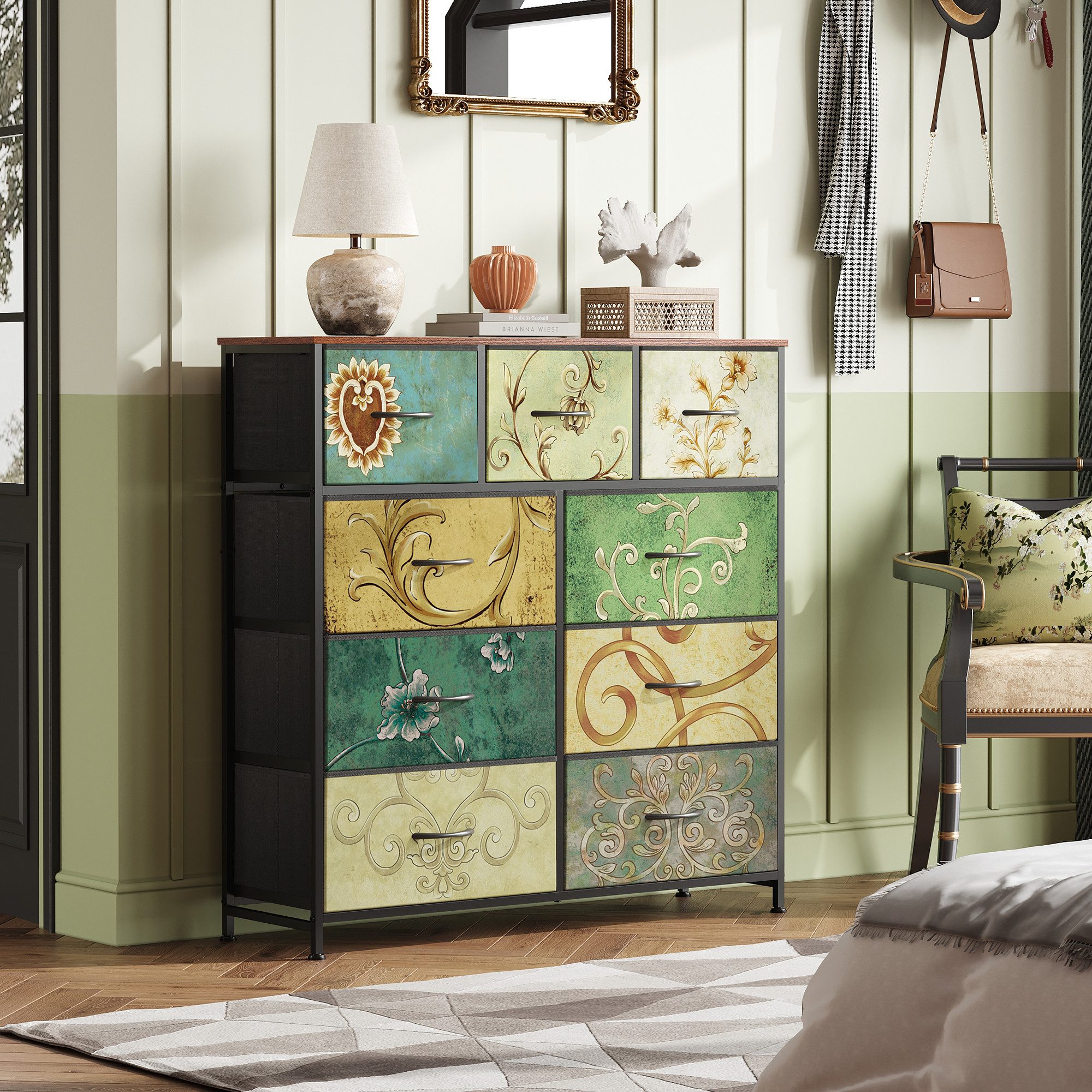 WLIVE Kommode mit 9 Stoffschubladen, Schubladenkommode 100 × 30 × 102 cm (Stauraumkommode für Schlafzimmer Wohnzimmer Flur, florales Retro-Design), Modernes Sideboard, Blumenmuster