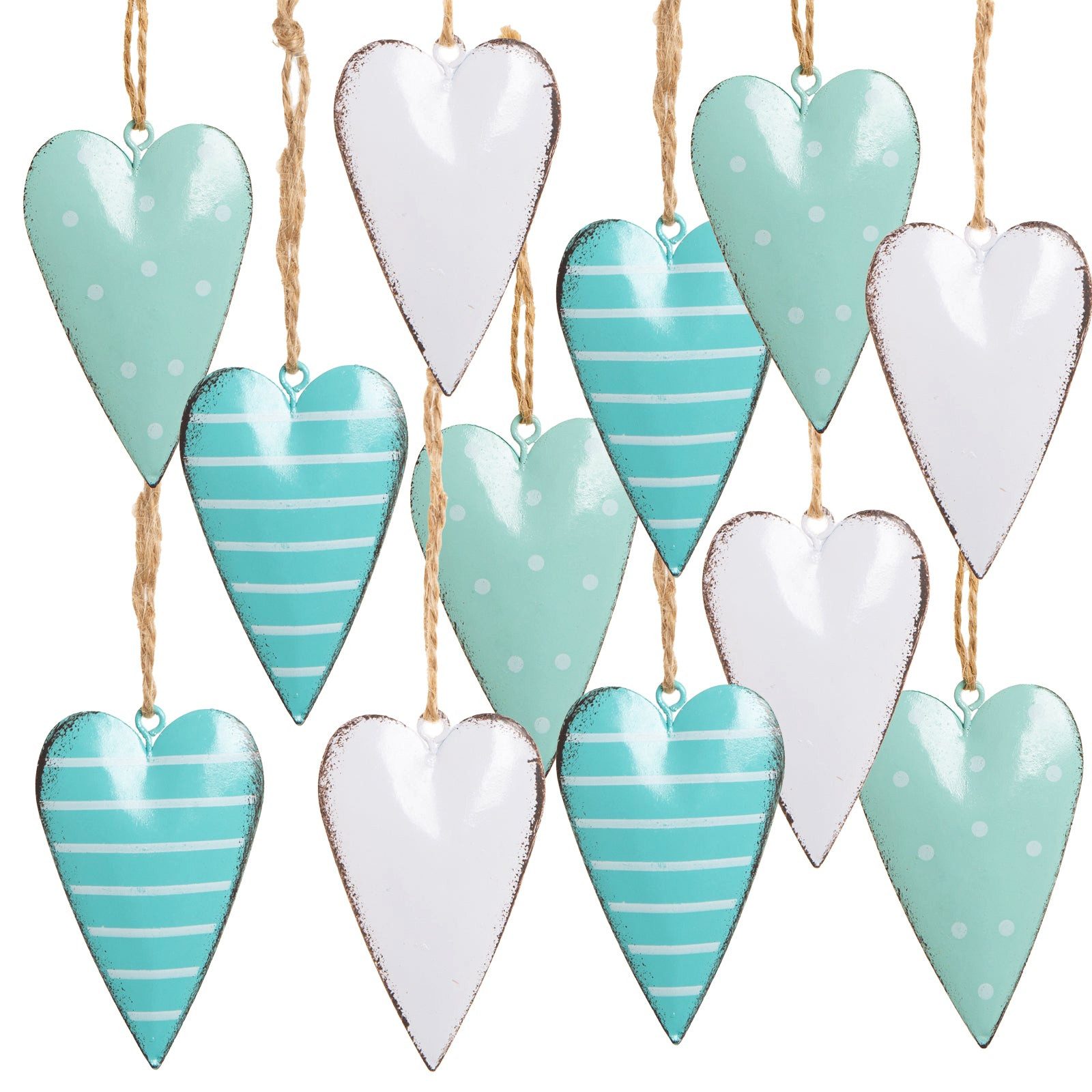 Logbuch-Verlag Dekofigur 12 Metallherzen zum Aufhängen - Herz Deko Anhänger 7 cm türkis weiß