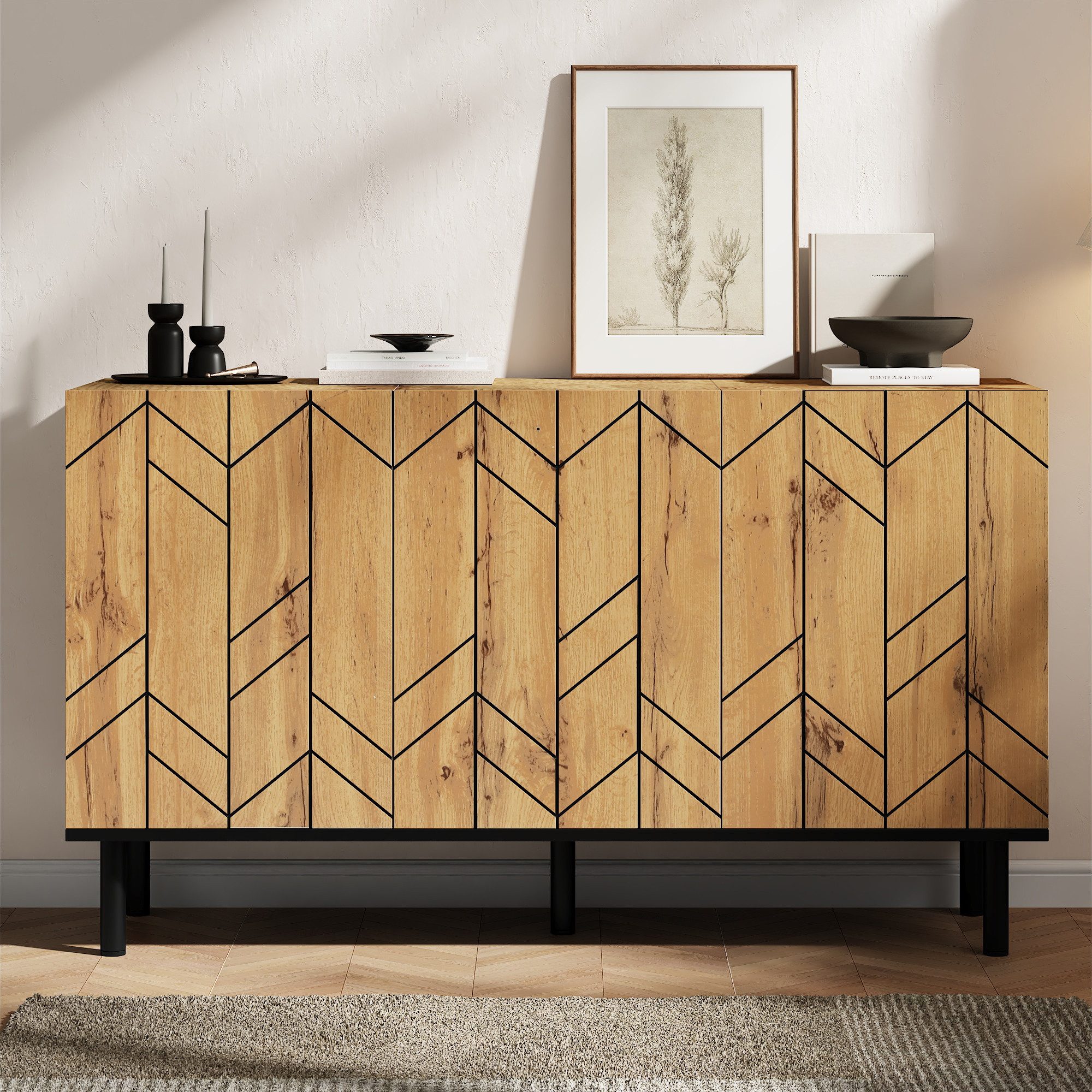 Merax Sideboard mit Wellenmuster Design (1 St), Kommode mit 3 Türen, Metallbeinen & Stauraum, 120×35×70cm