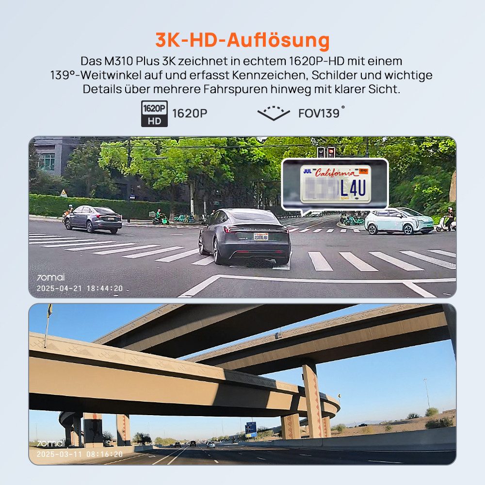70mai M310 Plus 3K Dashcam (3K HD, WLAN (Wi-Fi), 130° Weitwinkel, Nachtsicht, G-Sensor, App-Steuerung, Loop-Aufnahme)
