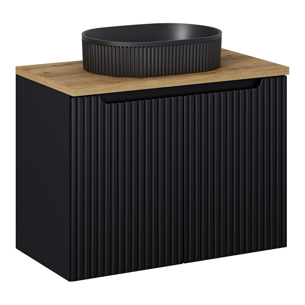 Lomadox Waschtisch NEWPORT-56-BLACK, in schwarz und Eiche, 80cm breit, gerillte Front, Keramikwaschbecken
