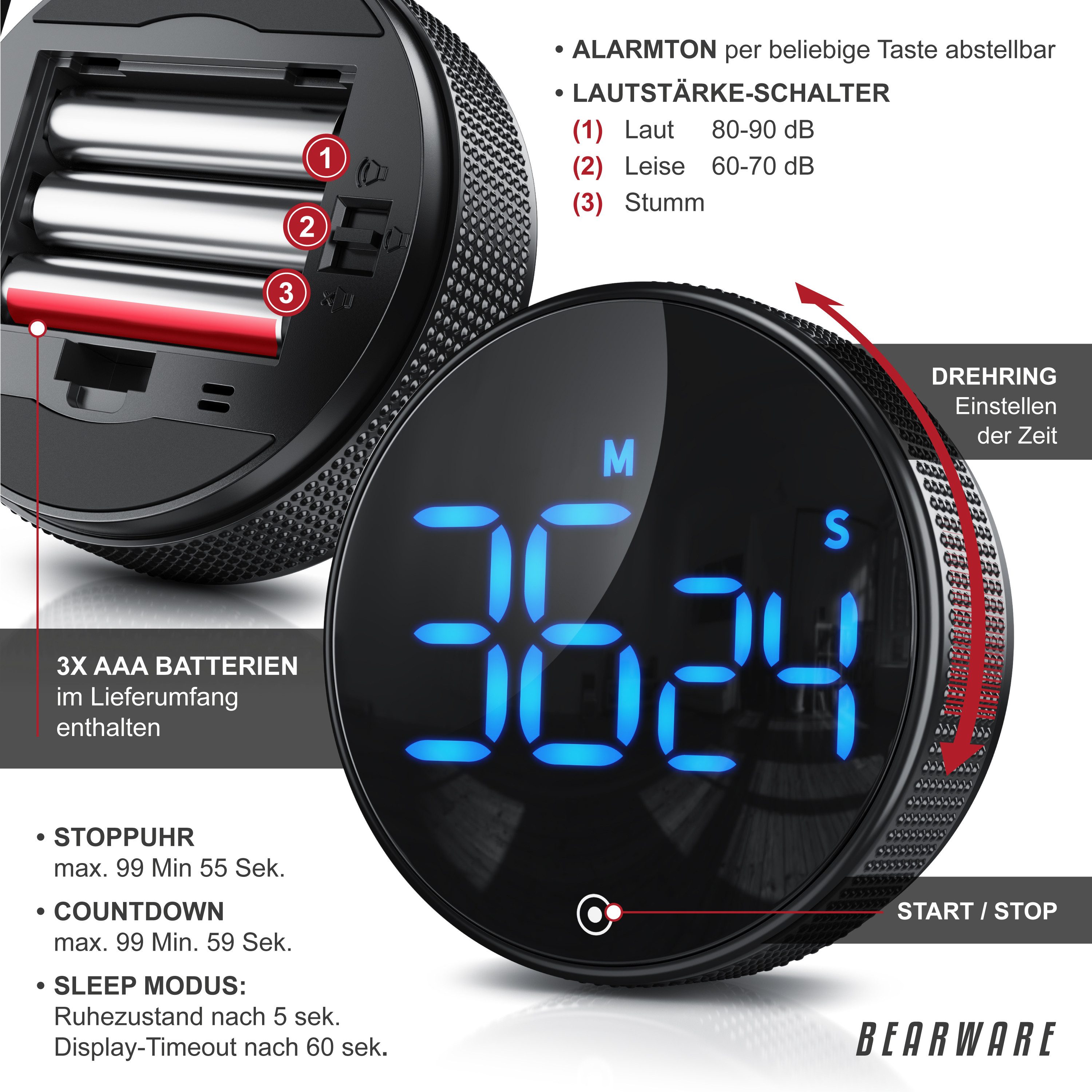 BEARWARE Küchentimer Küchenwecker Eieruhr, LED Display, Countdown, digital & magnetisch großes LED Display, Alarmton einstellbar, Stoppuhr fürs Kochen