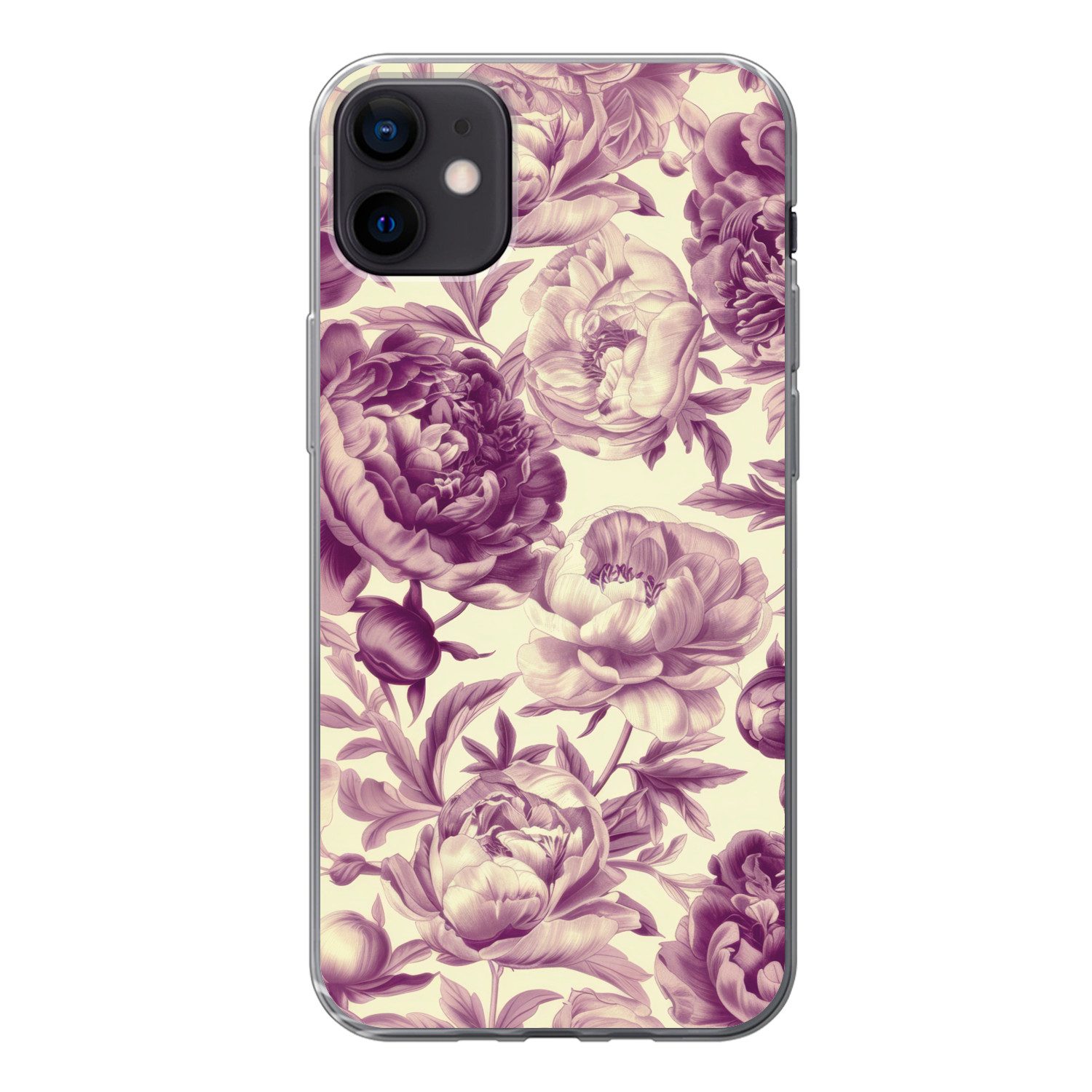 MuchoWow Handyhülle für Apple iPhone 12 mini Blumen - Muster - Lila - Beige, Smartphone-Bumper, Print, Handy Schutzhülle Dünn