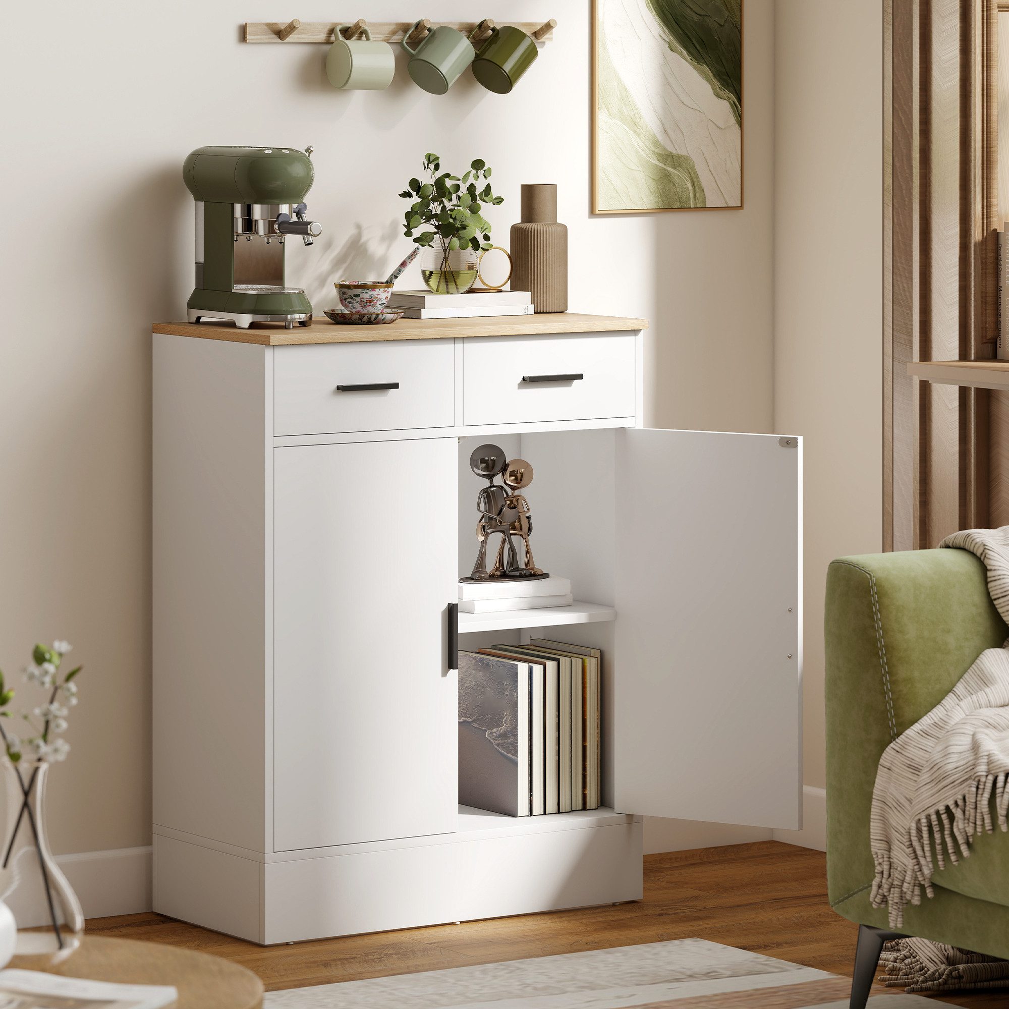 HOMCOM Sideboard Kommode mit 2 Schubladen und Regal, mit Stauraum, für Küche (Aufbewahrungsschrank, 1 St., Küchenschrank), mit verstellbarem Einlegeboden, Weiß+Naturholz