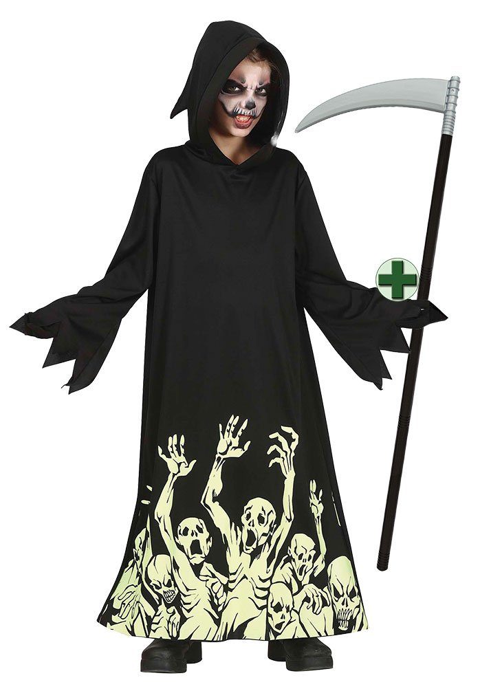 Karneval-Klamotten Kostüm Sensenmann Kinder leuchtet im Dunkeln mit Sense, Halloween Kinderkostüm Jungen schwarz mit Skeletten und Sense