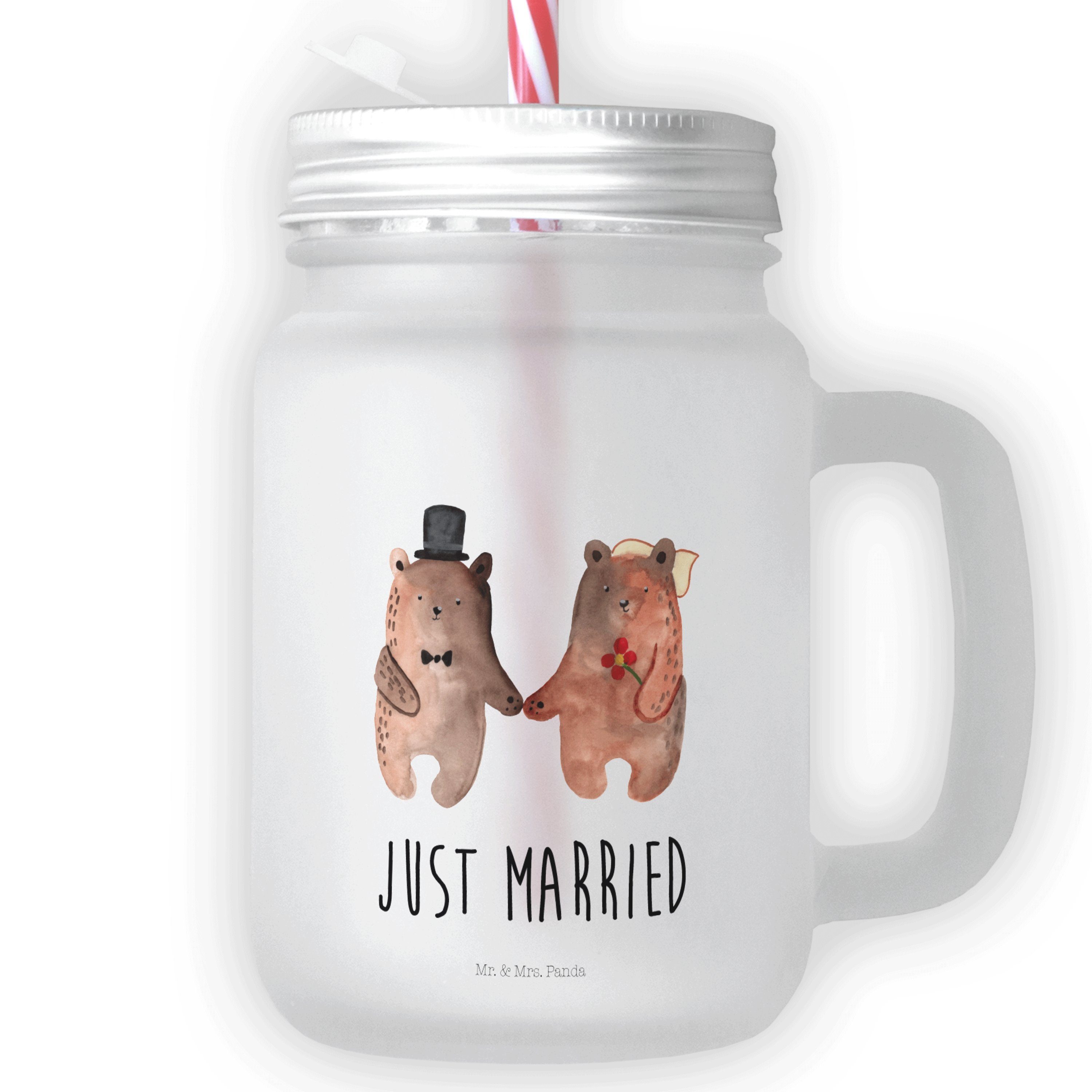 Mr. & Mrs. Panda Glas Bär Heirat - Transparent - Geschenk, Teddy, Schraubdeckel Glas, Cockt, Premium Glas