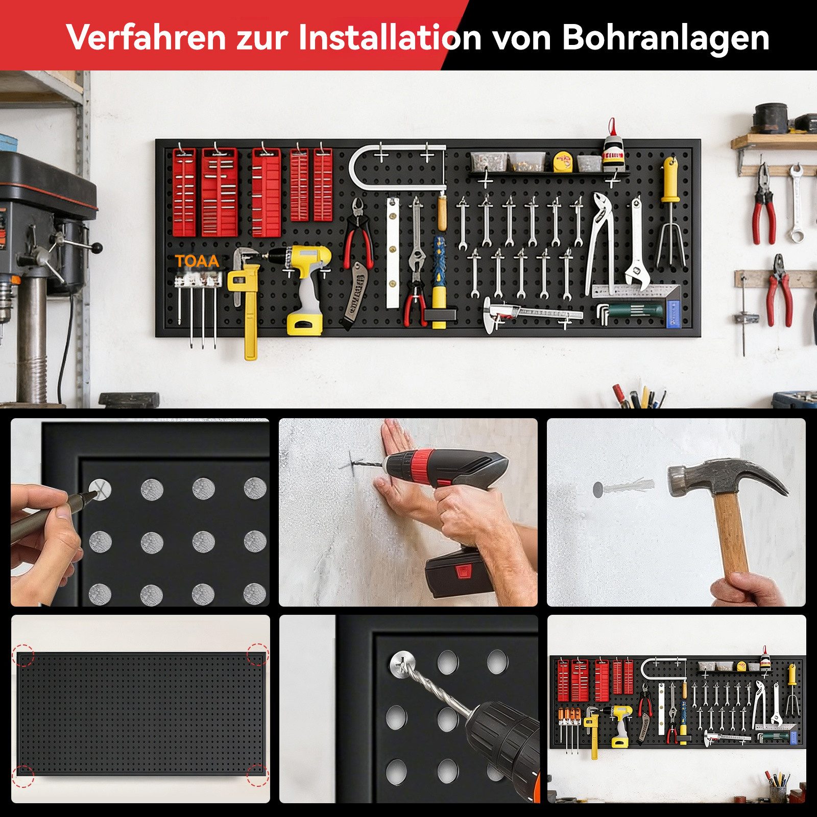 BlingBin Lochwand Stecktafel-Wandpaneele aus Metall,Stecktafelplatten, 1 Stk., mit 10 Haken, (1 Stk, 1-tlg., 120x40/60cm,Schwarz,Lochplatten Set Mit 100kg Tragf – Bild 4 von 5