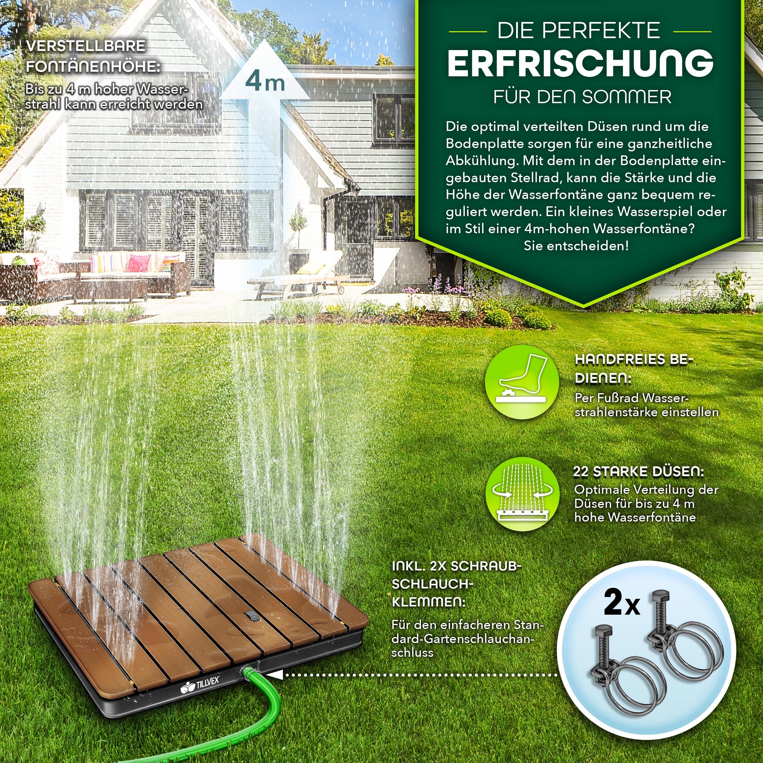tillvex Gartendusche Outdoor bis 4 m Fontänenhöhe Bodendusche (Campingdusche aus Aluminium/WPC/Holzoptik), mit Fußrad Außendusche rutschfest Saunadusche wetterfest