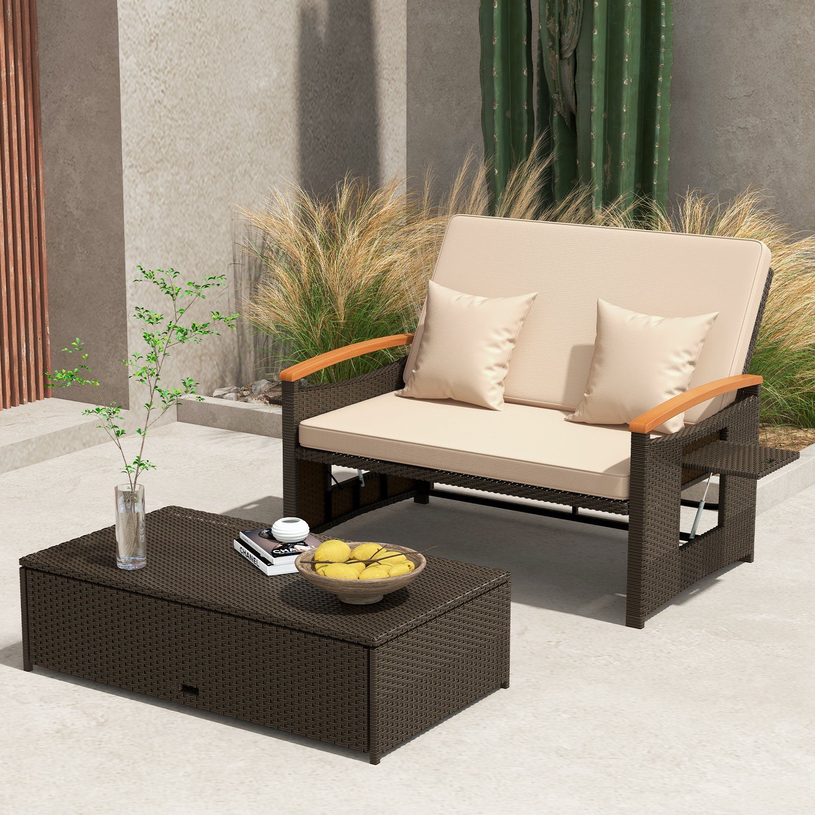 COSTWAY Loungebett, outdoor, Rattan, 2-Personen, Gartenliege mit verstellbarer Rückenlehne