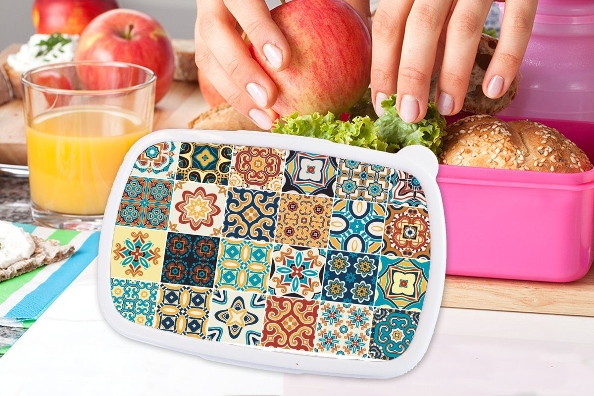 MuchoWow Lunchbox Kunststoff Brotdose (2-tlg), - Muster Blumen Orange, - Kunststoff, Erwachsene, für Blau Snackbox, rosa - - Brotbox Kinder, Vintage Mädchen