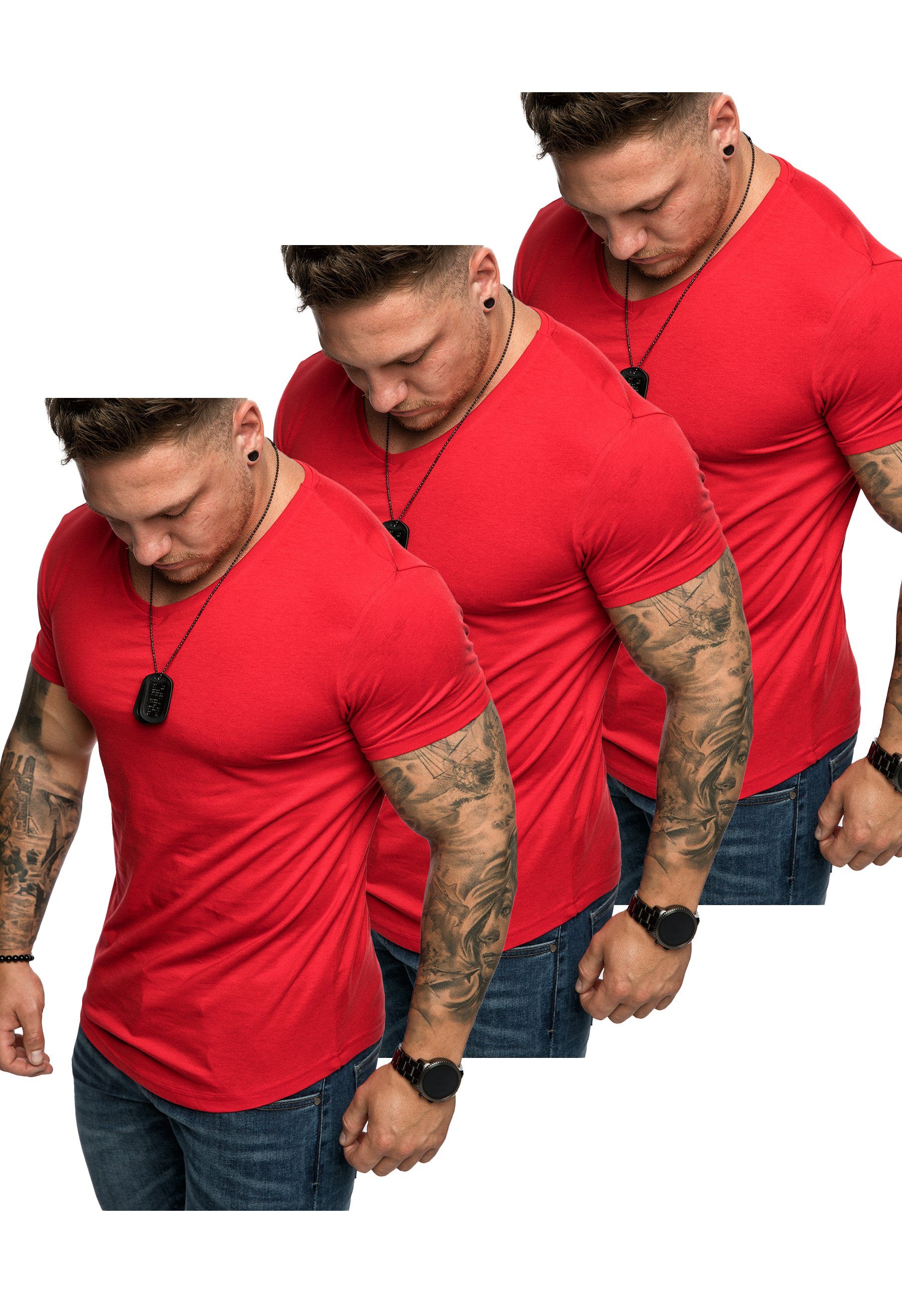 Amaci&Sons T-Shirt 3. BELLEVUE 3er-Pack T-Shirts (3er-Pack) Herren Basic Oversize T-Shirt mit V-Ausschnitt (3x Rot)