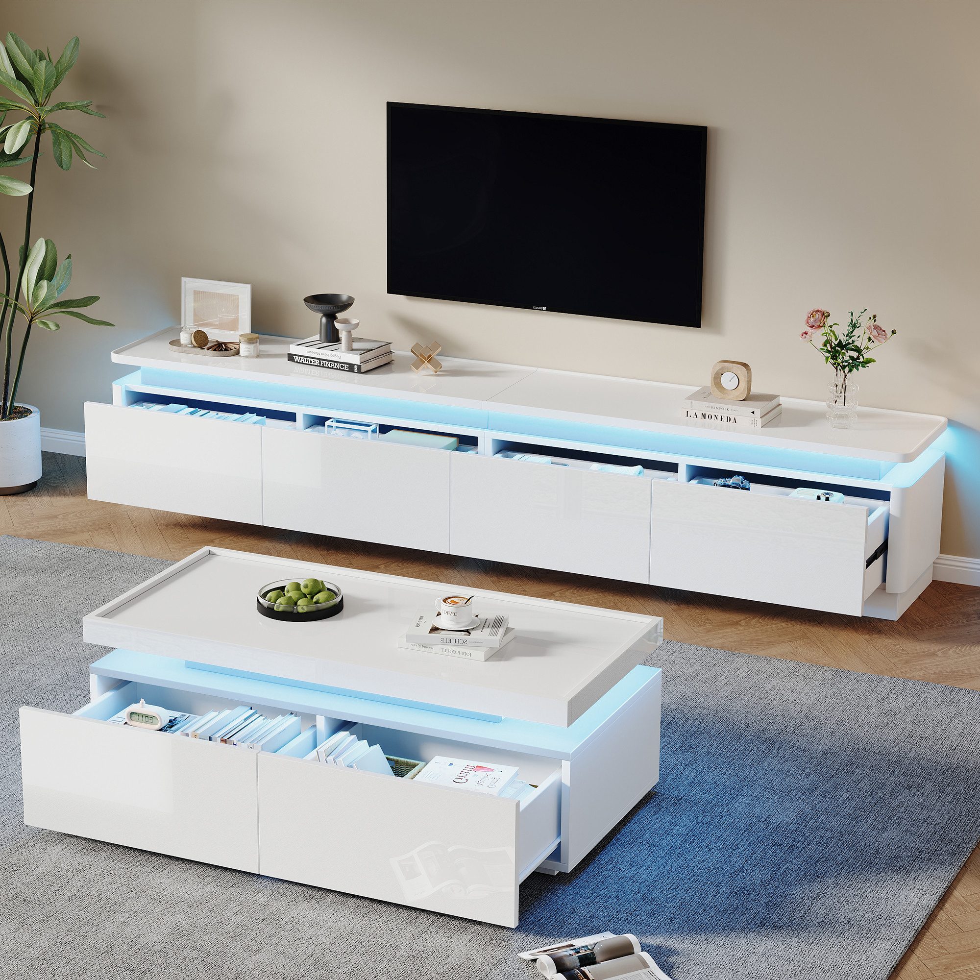 OKWISH Wohnzimmer-Set weiße Hochglanz-TV-Schrank-Couchtisch-Kombination, (TV-Wandkombination, 2-St., mit bogenförmige Designelemente), mit LED-Leuchten