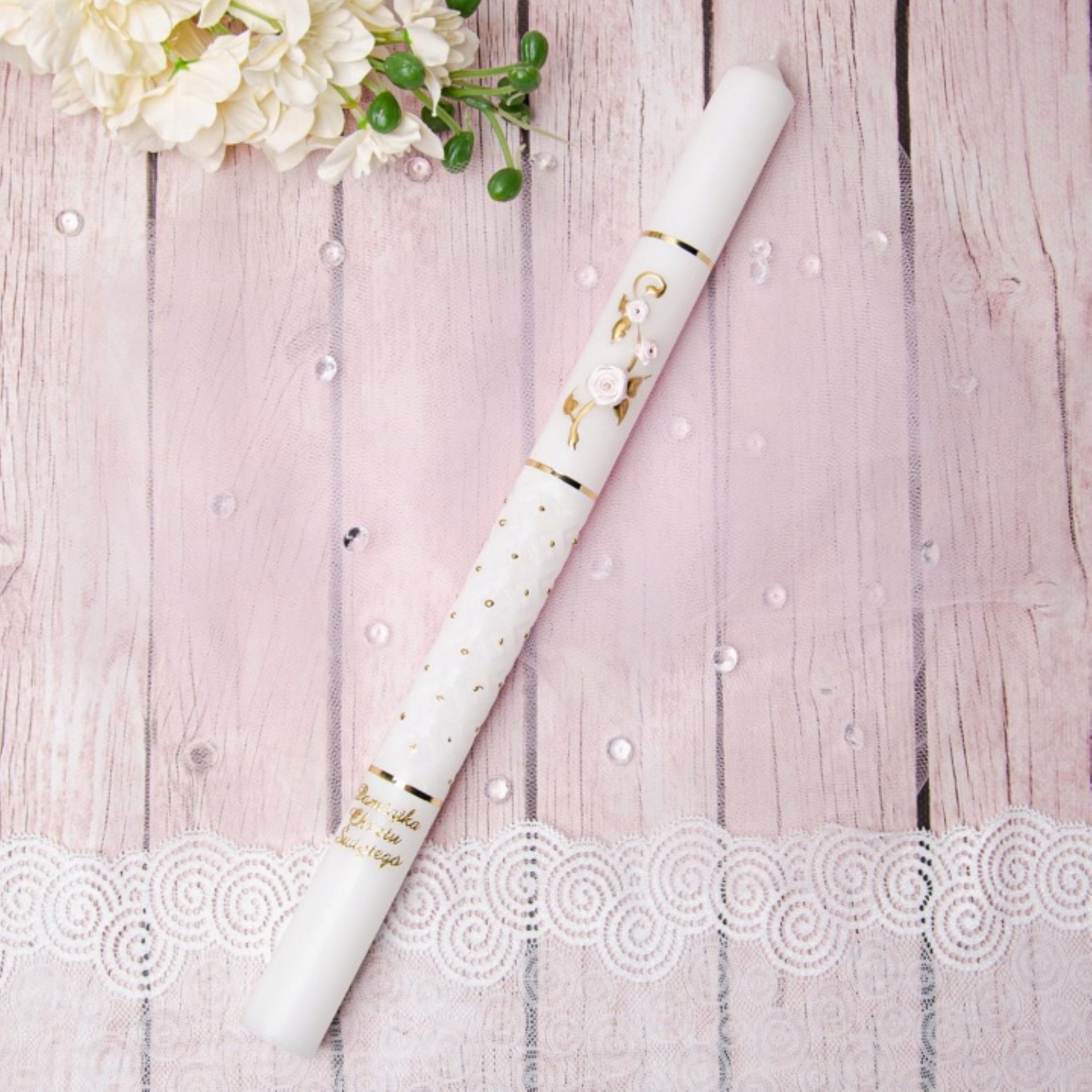 Festivalartikel Taufkarte Taufkerze Mädchen Rosa Blumen Gold 40cm Handdekoriert