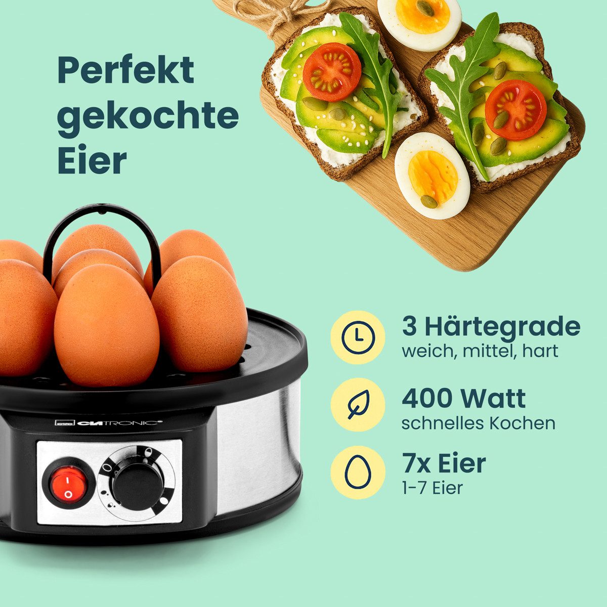 CLATRONIC Eierkocher EK 3321, Eierkocher mit Summer für bis zu 7 Eier, 400W
