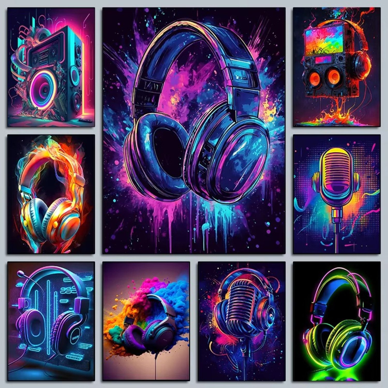 TPFLiving Kunstdruck OHNE RAHMEN, Hot Live Musik - Neon Kopfhörer - DJ Poster - Bunte Boombox - Mikrofon Party - (Leinwandbild XXL), Farben: Farben: schwarz, lila, grün -Größe: 30x42cm