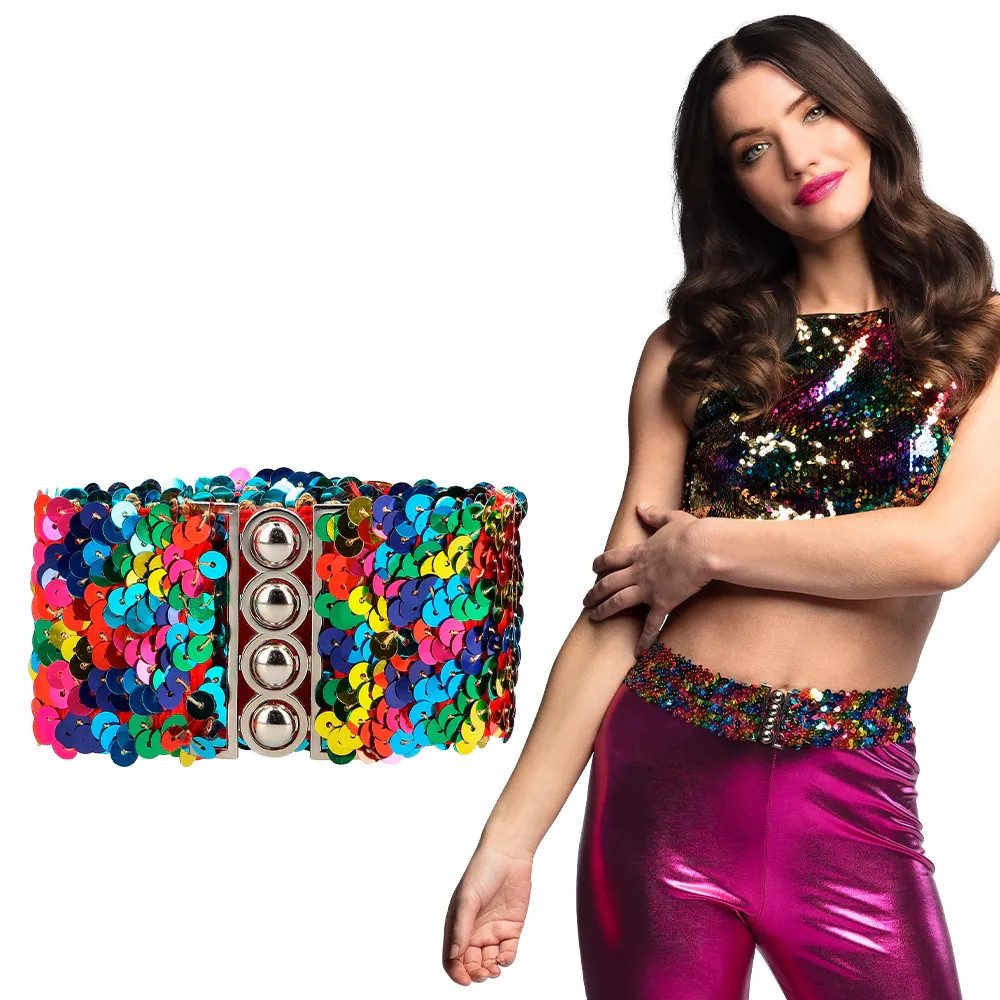 Boland Kostüm Pailletten-Gürtel Regenbogen stretch Accessoire 60-110 cm für Party, Bunter Gürtel mit funkelnden Pailletten, toll für Pride Party