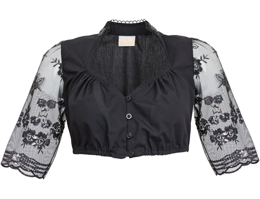 Dirndlbluse Elegante Damen Bluse mit Spitze und Pailletten 5125 - Schwarz - Halbarm Stehkragen Elegant