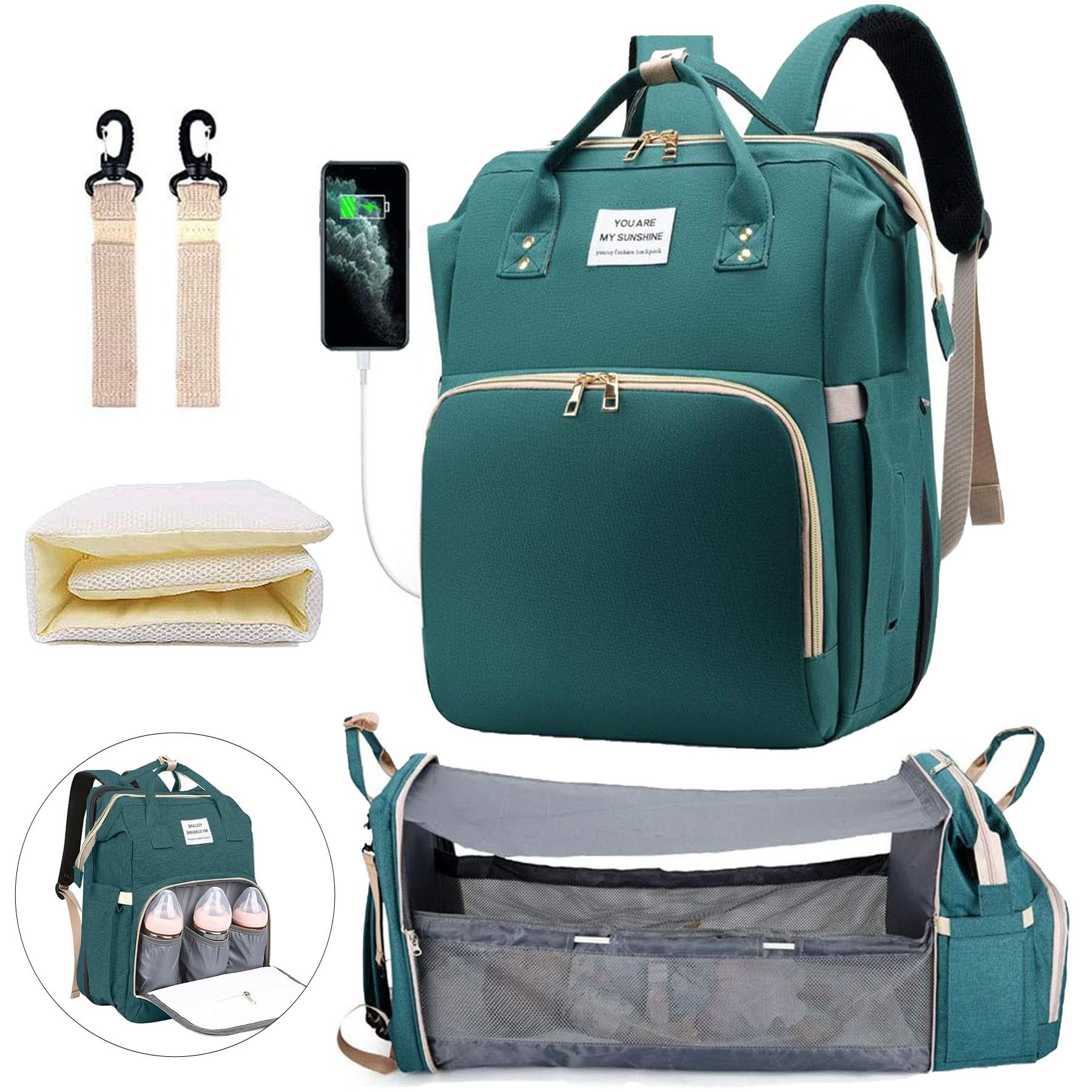 Mutig Wickeltasche Wickeltasche Rucksack, wickelrucksack mit bettfunktion Großer (Multifunktionale Diaper Bag Mit Wickelunterlage, Kinderwagen-Haken, Geeignet für Mama und Papa,Baby-Wickeltaschen, Muttertagsgeschenke), multifunktionaler wasserdichter Reis