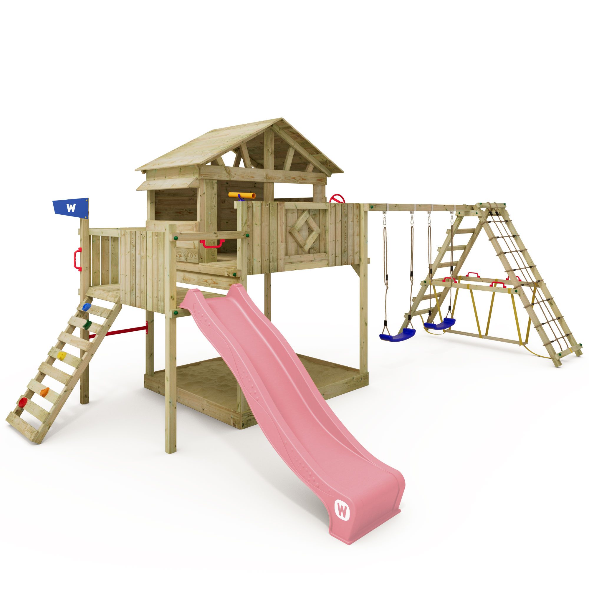 Wickey Klettergerüst Smart Fjord – Spielturm mit Spielhaus, Kletteranbau & Rutsche, (Holz-Spielhaus mit Fenster für fantasievolles Spielen, Outdoor-Spielplatz mit Rutsche & Kletteranbau), Wetterfestes & langlebiges Holz – mit 10 Jahren Garantie*