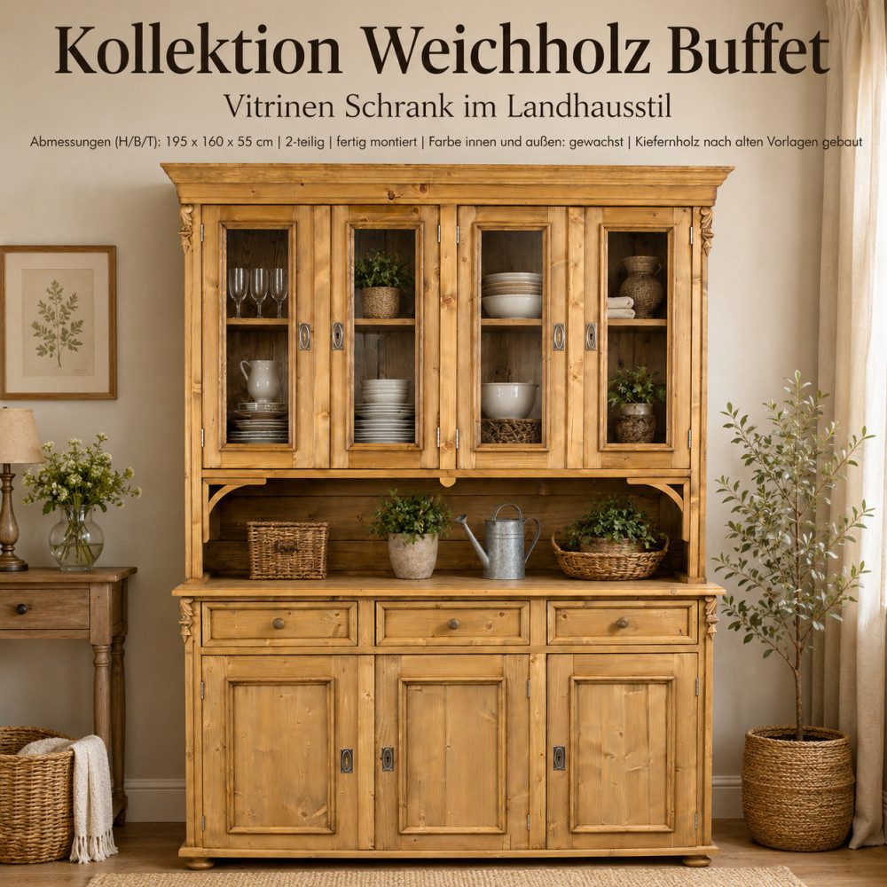 Wohnpalast Buffet Buffetschrank Landhaus gewachst 160 cm aus massivem Weichholz Vitrinen